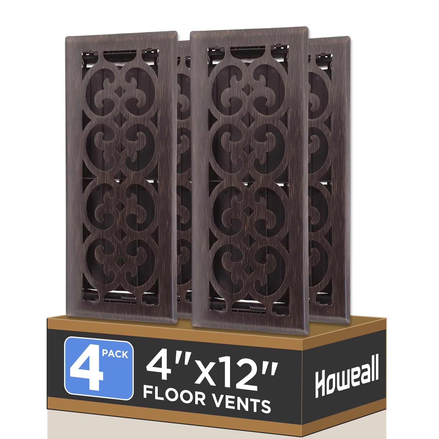 Howeall 4x12 Inches 4 Pack Heavy Duty Walkable Floor Register - Easy Adjust Air Supply Lever Decorative Floor Vent Covers, Charlotte Design Vent Covers for Home - Oil Rubbed Bronze