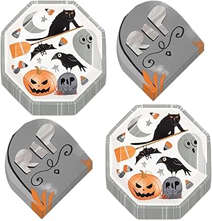 HOME & HOOPLA Halloween Party Bats & Boos Octagon Shaped Paper Dinner Plates and Tombstone Napkins (Serves 16)
