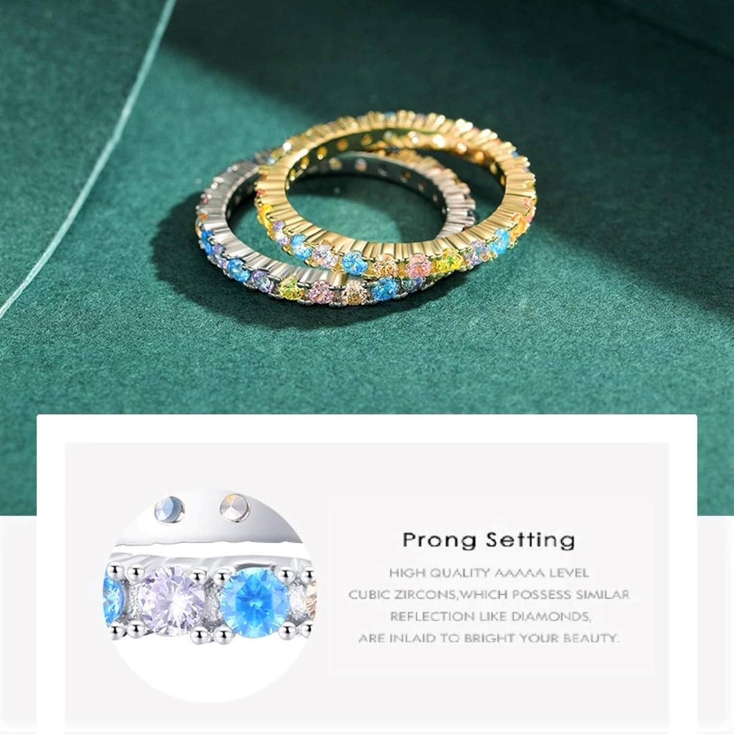 Gold Plated/925 Sterling Silver Fashion Stackable Rings for Women Colorful Cubic Zirconia Eternity Ring Rainbow Jewelry Gifts, Multi Color Gemstone Eternity Wedding Band