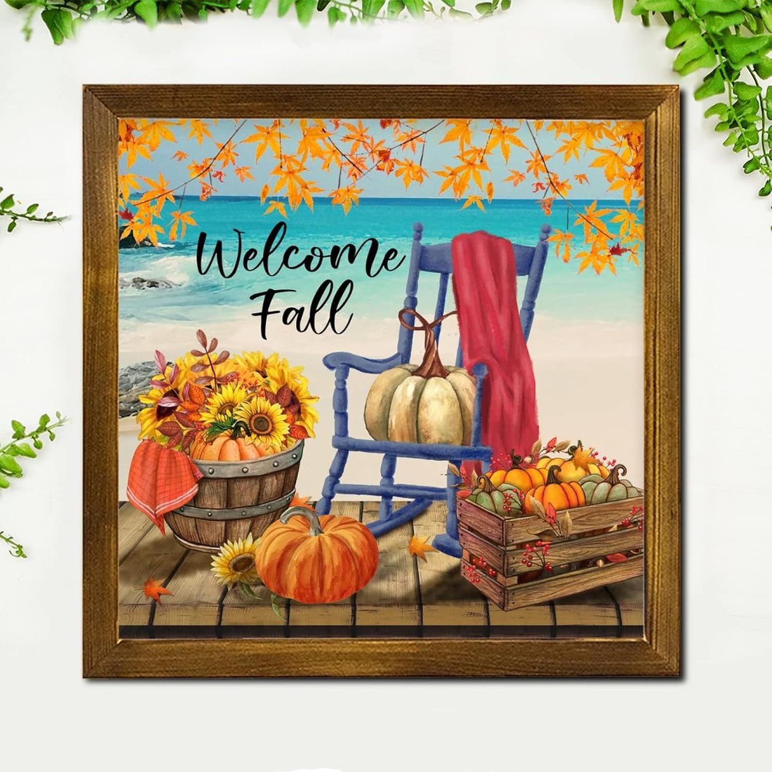 Welcome Fall Beach Framed Wood Signs Pumpkin Sunflower Maple Leaves Wall Art Signs Vintage Autumn Harvest Wall Decor Farmhouse Rustic Wooden for Home Laundry Room Kitchen Bedroom 12x12 inch