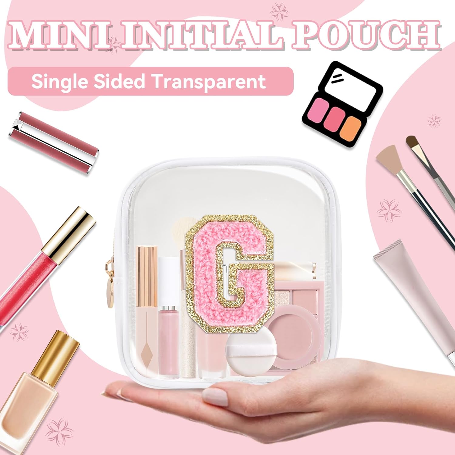 Mini Clear Personalized Initial Makeup Bag,Nylon Preppy A-Z Chenille Letter Patch Zipper Cosmetic Bag, Small Cute Beach Pouch Travel Purse Sanitary Napkin Storage Bag for Women Girls(White-Pink G) - Image 7
