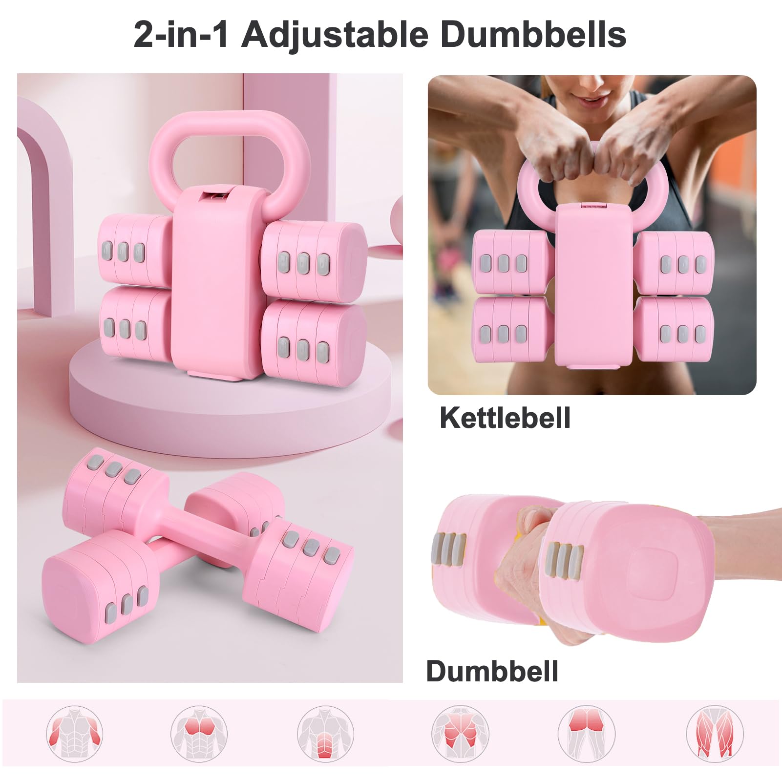 ZhaoCo Set di Manubri Regolabili 2 in 1, Convertibile in Kettlebells, 4 in 1 Peso: 1/1,5/2/2,5kg ciascuno, Pesi liberi per Allenamento Casa/Donna, con Regolazione Rapida
