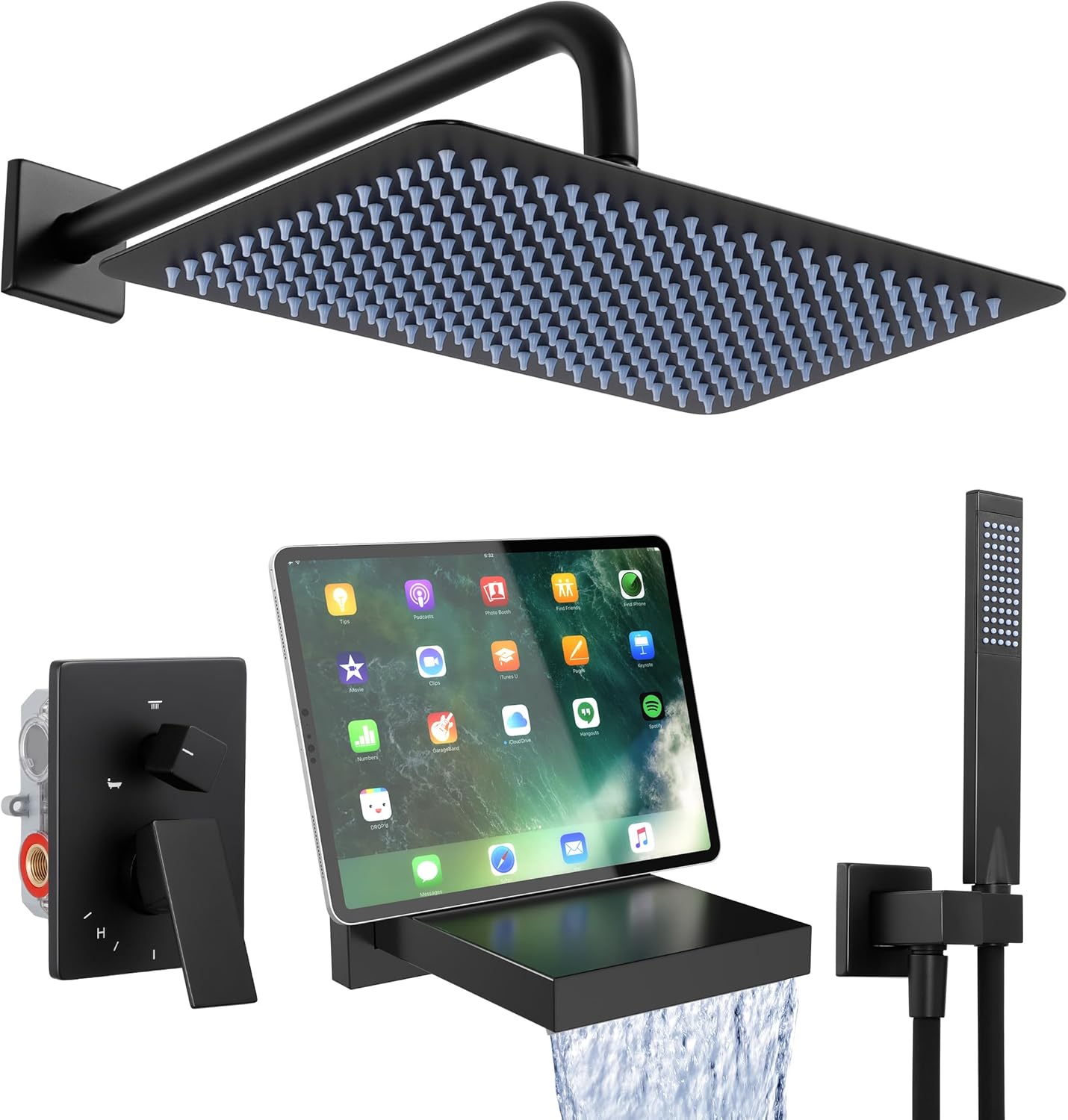 KES Rectangle 12-inch Matte Black Shower System with Large Waterfall Tub Spout, Bathtub Shower Faucet Set with Rough-in Valve, cUPC Certified Bathroom Shower Faucet Set, XB6330F18-BK