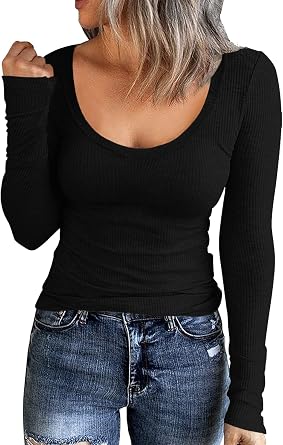 Roselux Women Long Sleeve Scoop Neck Ribbed Fitted Knit Shirt Basic T-Shirts