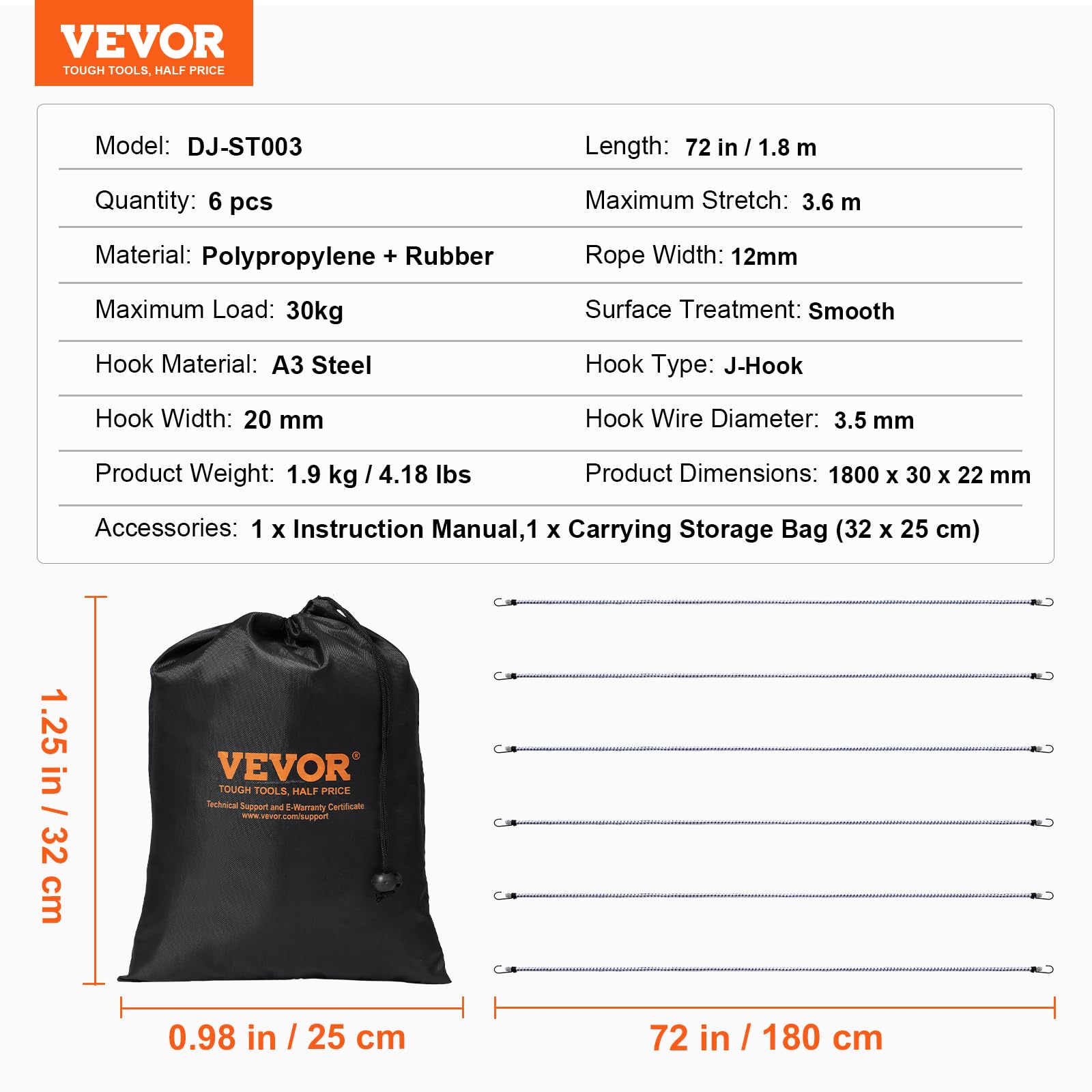 VEVOR Tendeur Élastique, Lot de 6, Cordes Élastiques Robustes, Diamètre 12 mm, Longueur 1,8 m, avec Crochets J Acier, Corde de Fixation Extensible pour Camping, Bâches, Moto, Camion, Tente, Blanc Bleu