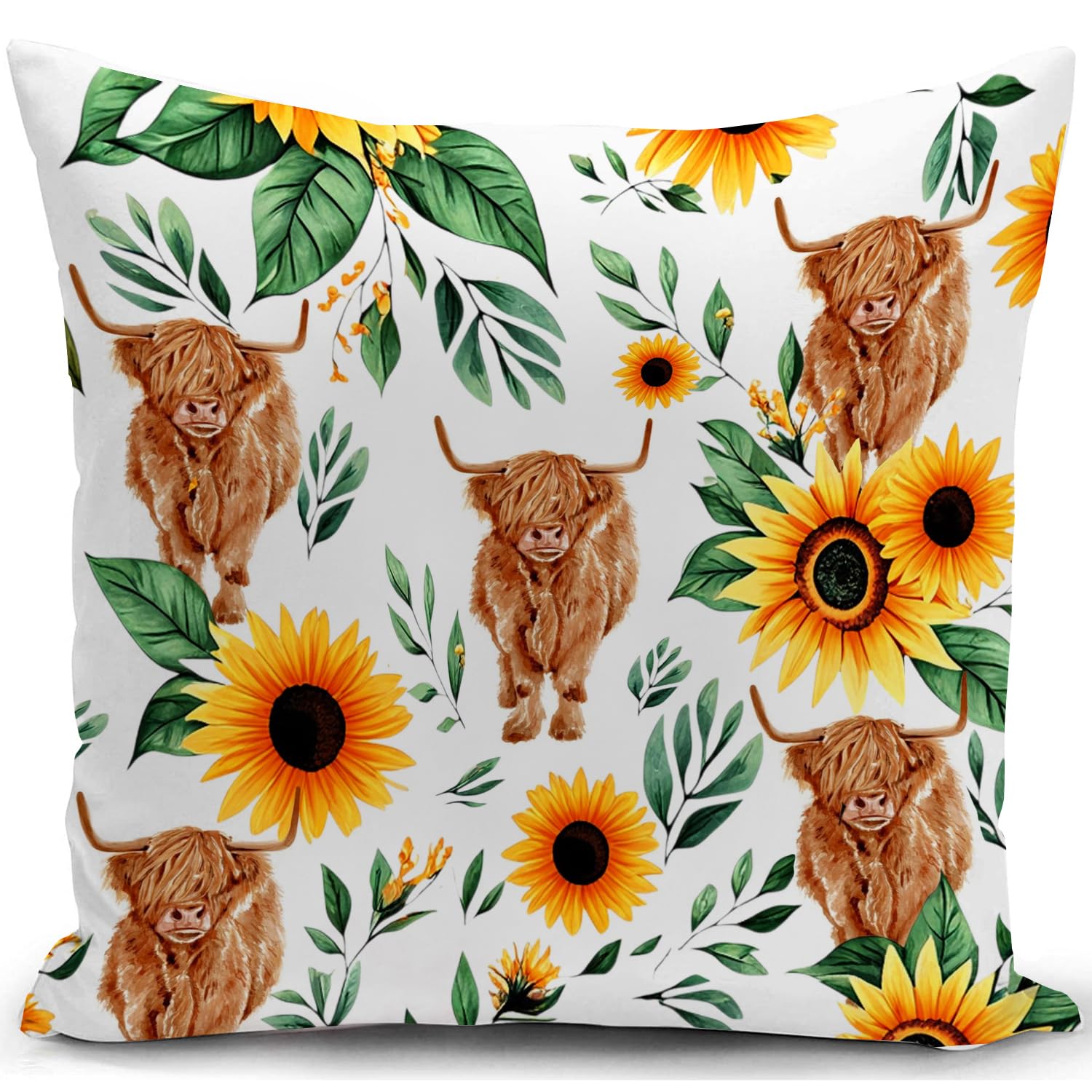 KUNQIAN Cushion Cover Highland Cow Gifts for Women Scottish Decor Pillow Cover Animal Sunflower Pattern Decorations for Home Livingroom Couch Sofa 18"x18"(45x45cm) — image 1