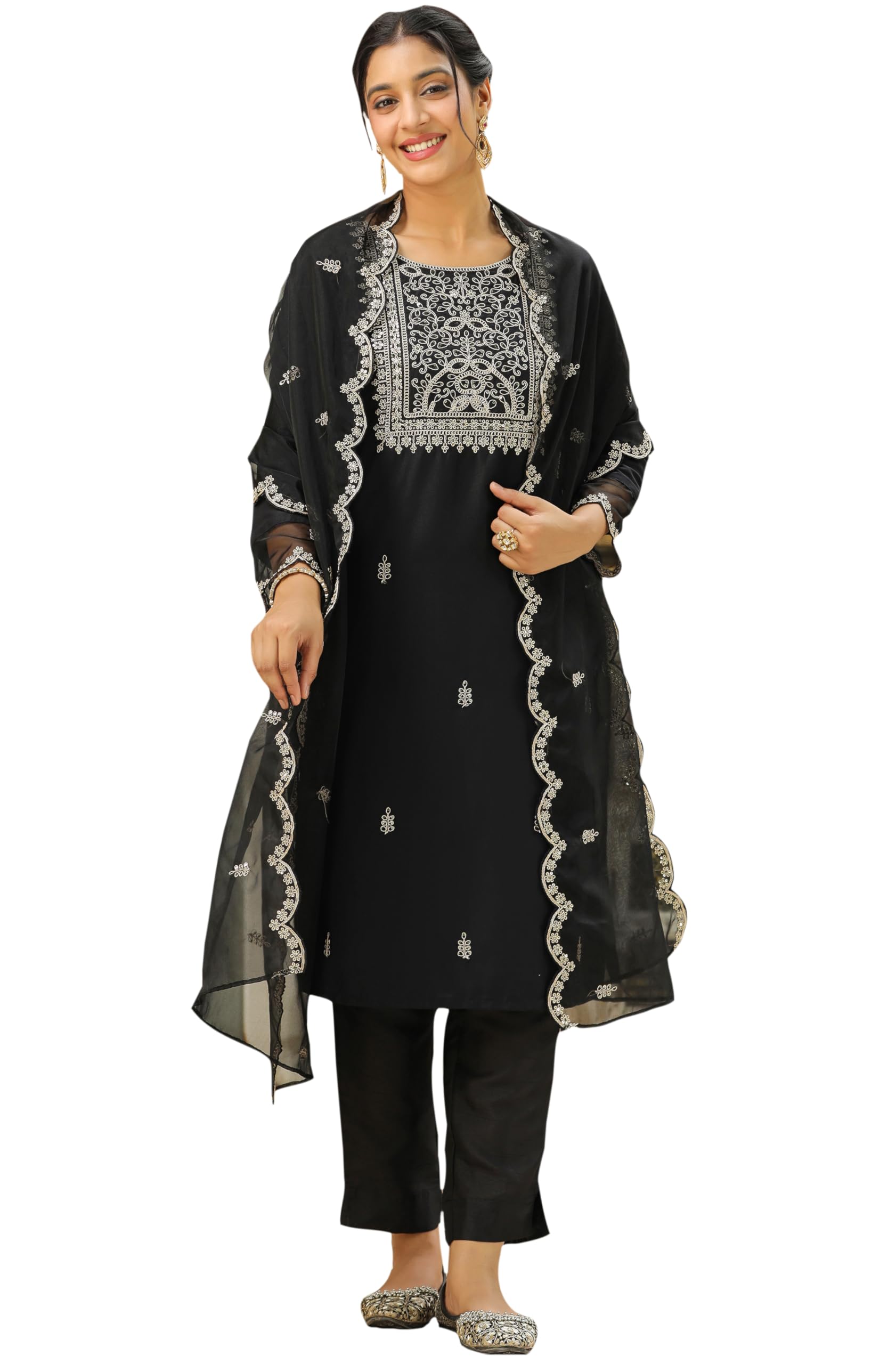janasya Women's Silk Blend Embroidered Straight Kurta with Pant and Dupatta Set-picture-30