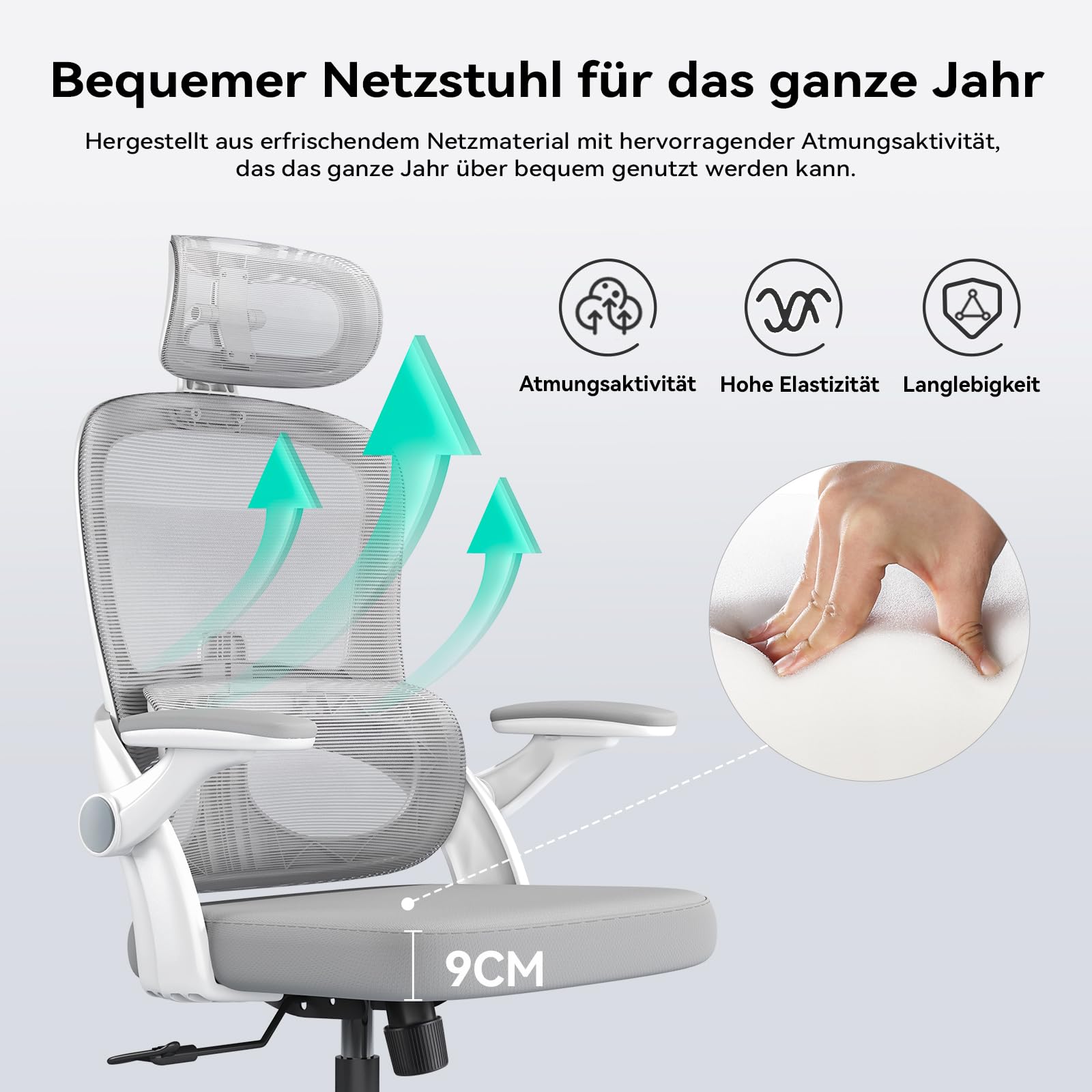 SIHOO M102C ergonomischer Bürostuhl mit Netzrücken, Verstellbarer Lendenwirbelstütze, Kopfstütze, Schreibtischstuhl mit Drehfunktion für Büro und Zuhause (Weiß)