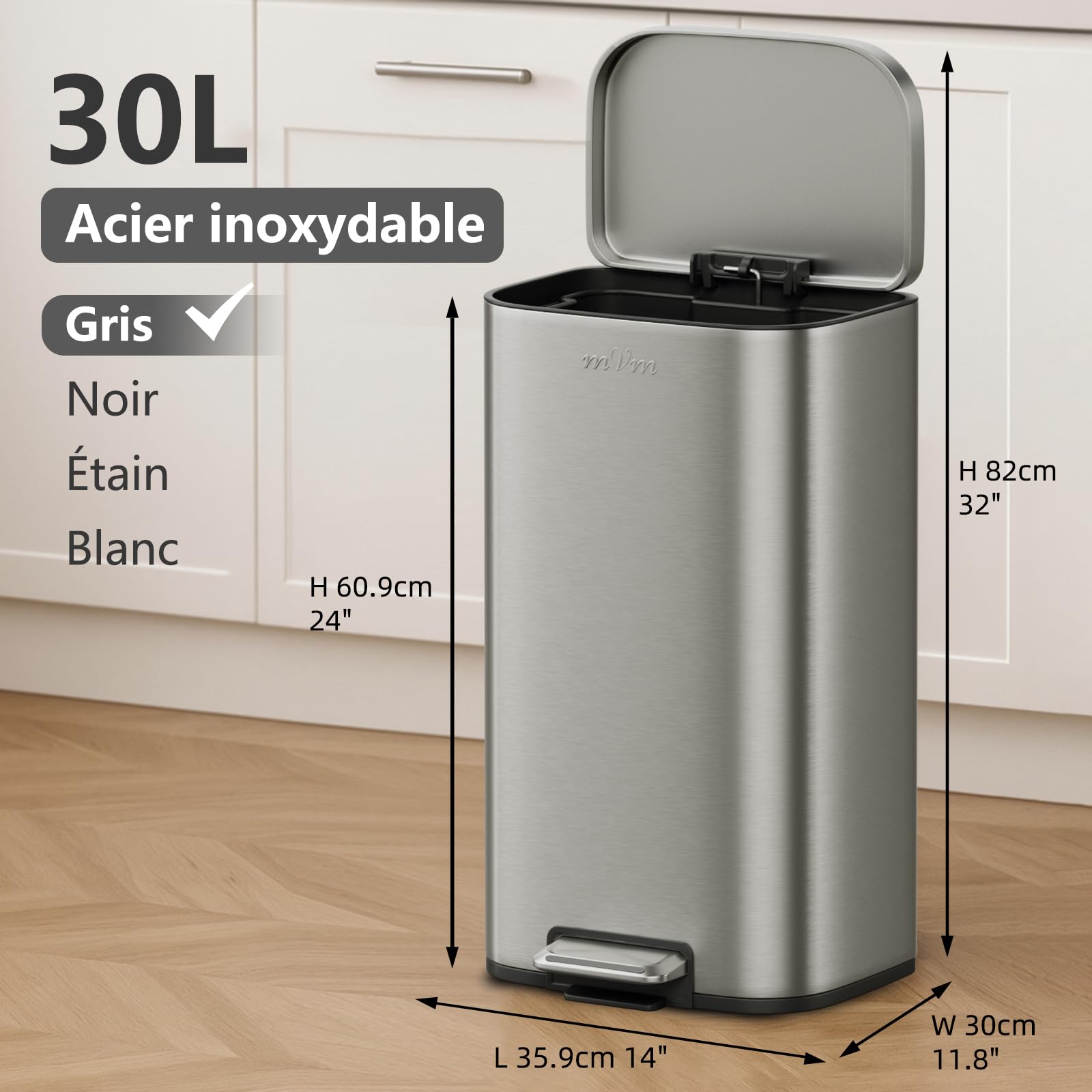 mVm Mülleimer Küche 36L, Mülleimer Bad, Abfalleimer Edelstahl, Grau | Soft-Close, Herausnehmbarem Inneneimer, Fingerabdrucksicher & Geruchsdicht, Leicht zu reinigen, für Badezimmer, Büro & Küche