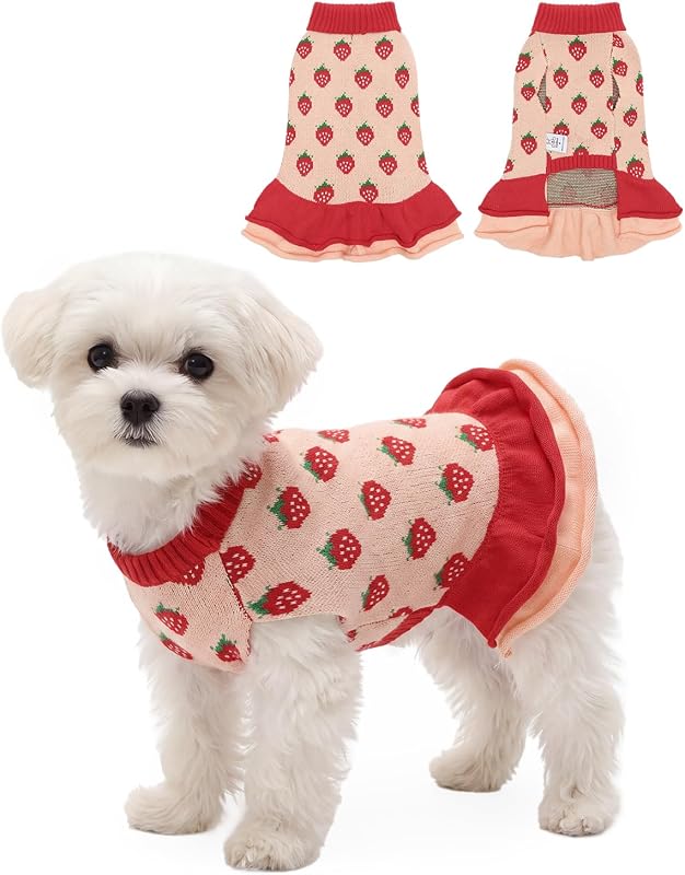 Suéter Vestido para Cães e Gatos com Babados de Morango CuteBone DS110M