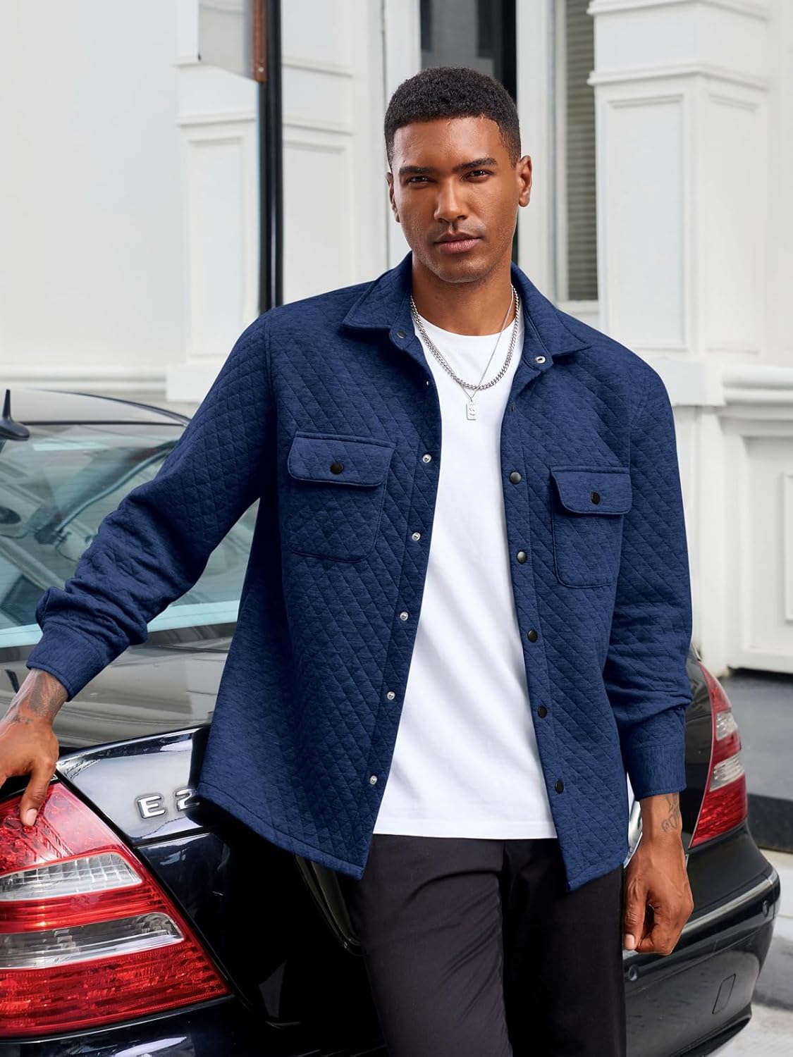 Yousify Mens Casual Shirt Jacket Long Sleeve Button Down Fall Shacket Lightweight Quilted Jackets with Pockets - Image 3