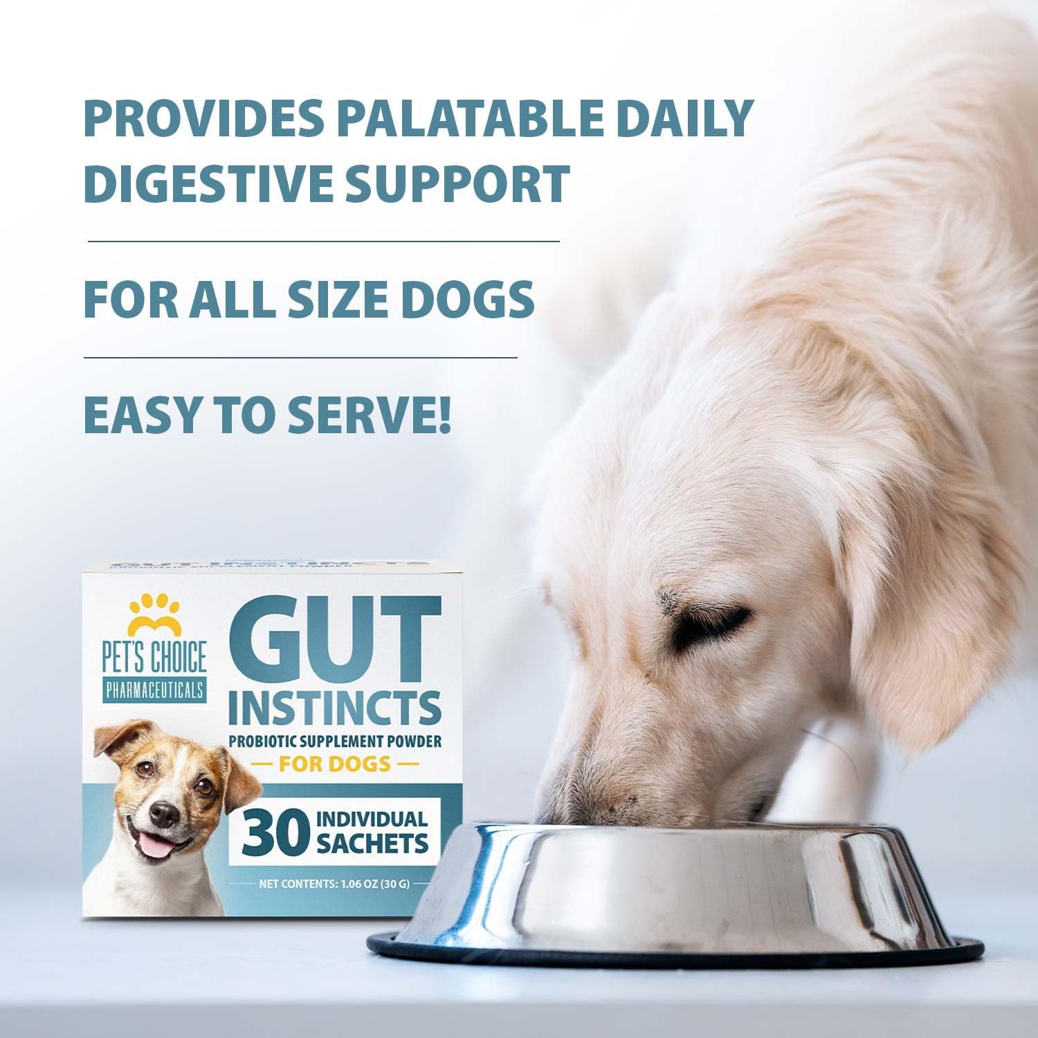 Pet’s Choice Gut Instincts Probiotic Powder Packets for Dogs, 30 Count – Daily Digestive & Immune Support with Lactobacillus, Enterococcus, Inulin & Vitamins – for Puppies, Adult & Senior Dogs