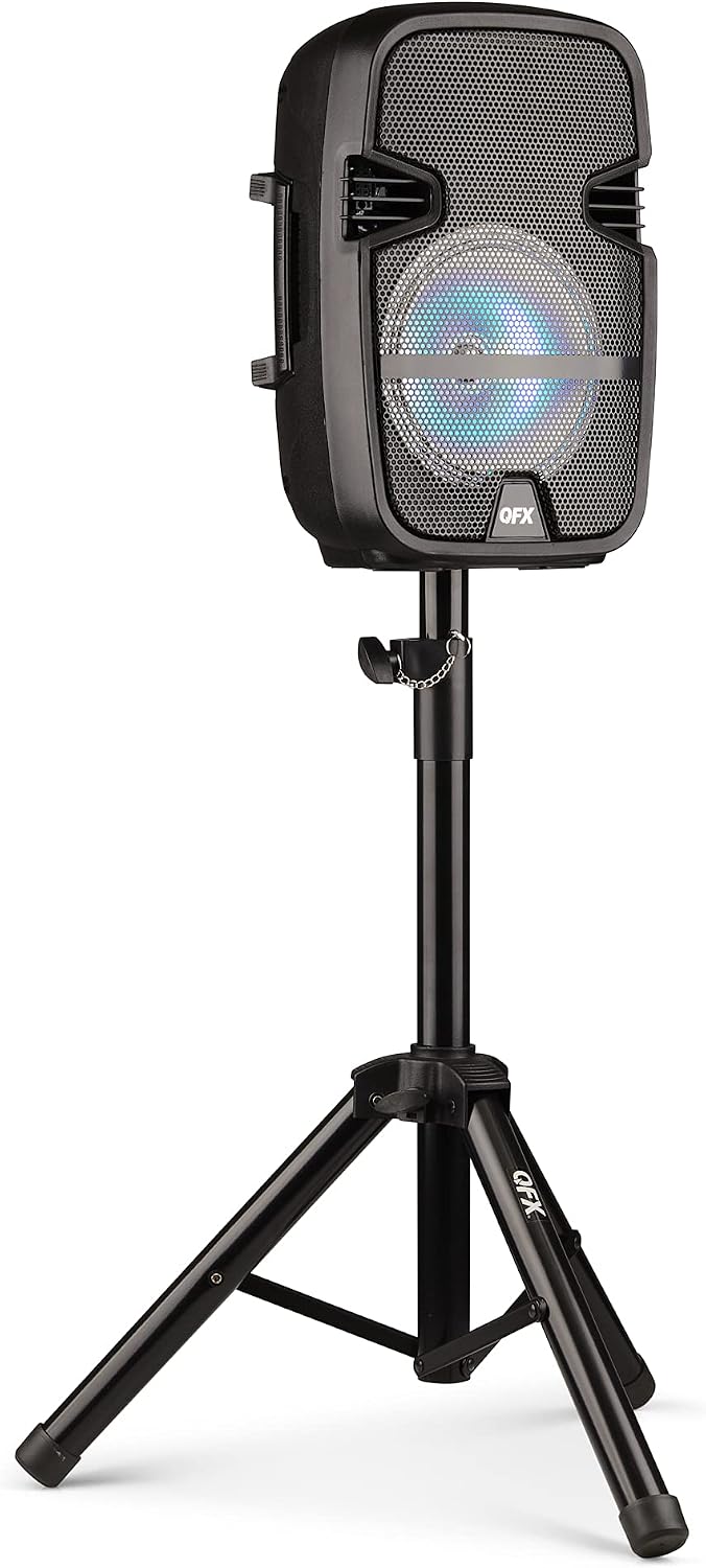QFX PBX-61087 8" Portable Party Sound System with LED Party Lights, Speaker Stand, and a Wireless Microphone, Black