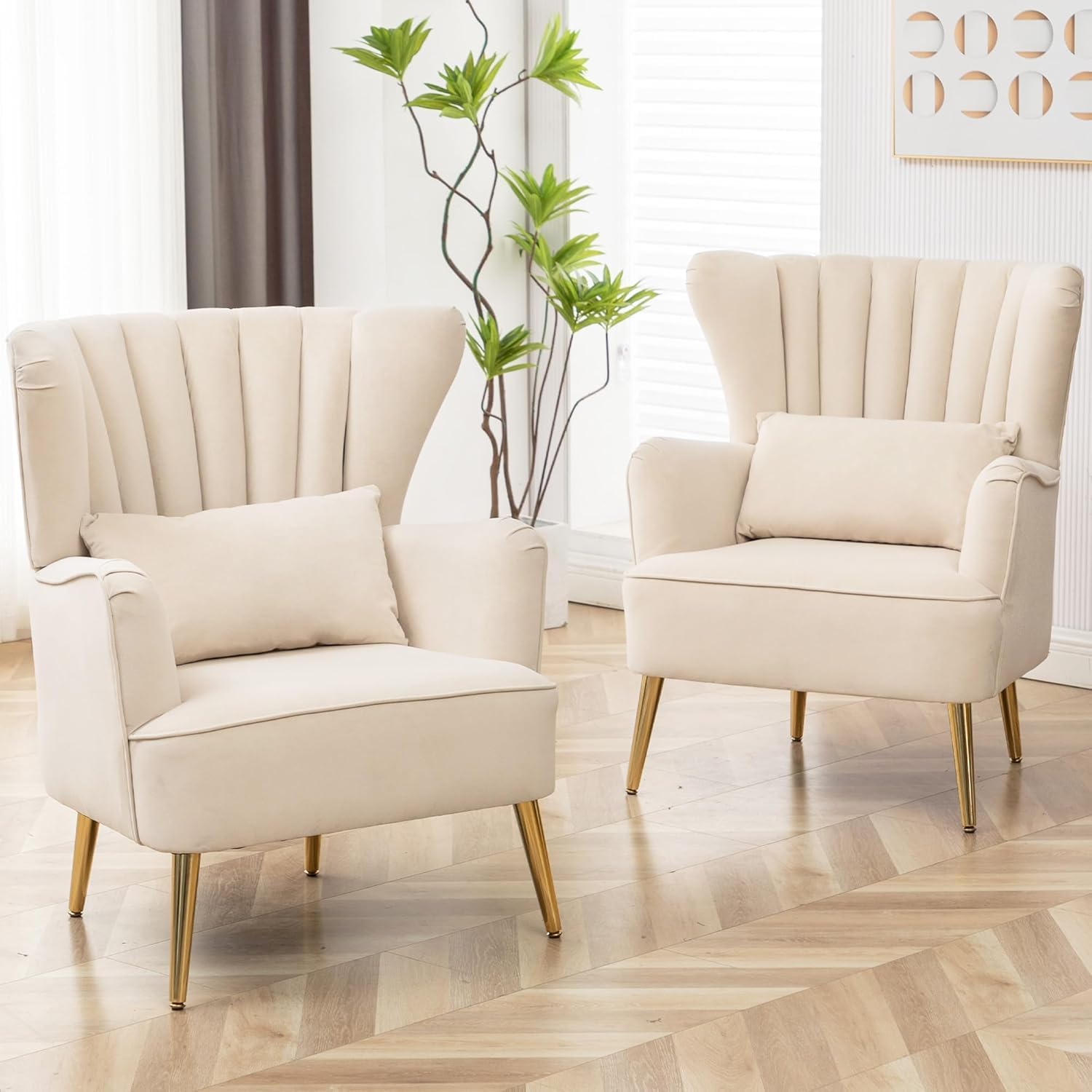 The Hm Handicrafts - Velvet Wingback Armchair, Modern High Back Living Room Chair with Pillow, in Golden Metal Legs Chair for Living Room, Bedroom, Offices, Beige, Set of 2-image-26