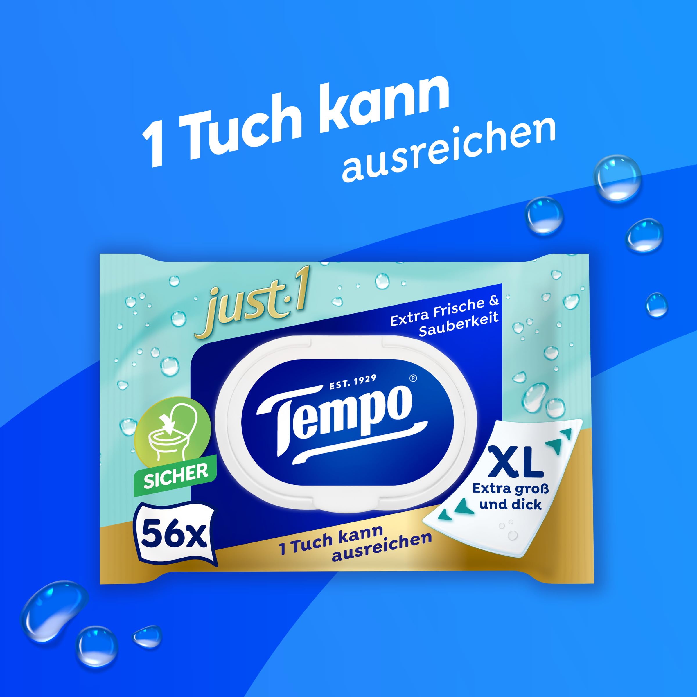 Tempo Feuchte Toilettentücher Just1, Premium, Übergroß, 56 Tücher pro Packung