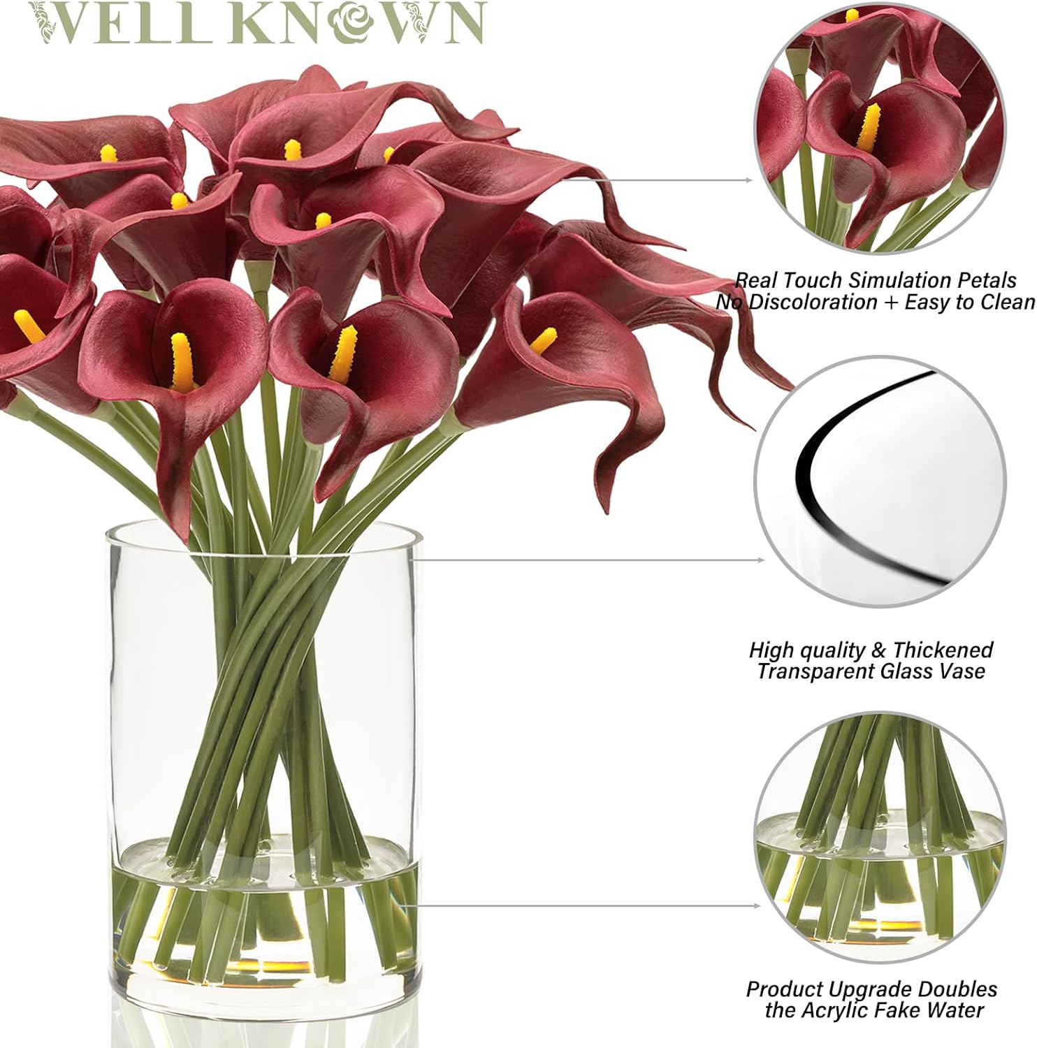 WELL KNOWN 20 Pcs Lily Flowers Artificial in Vase with Faux Water, Real Touch PU Calla Lily Fake Flower Arrangements in Vase for Home Office Hotel Party Dining Table Decor & Gifts (Burgundy Red) - Image 2