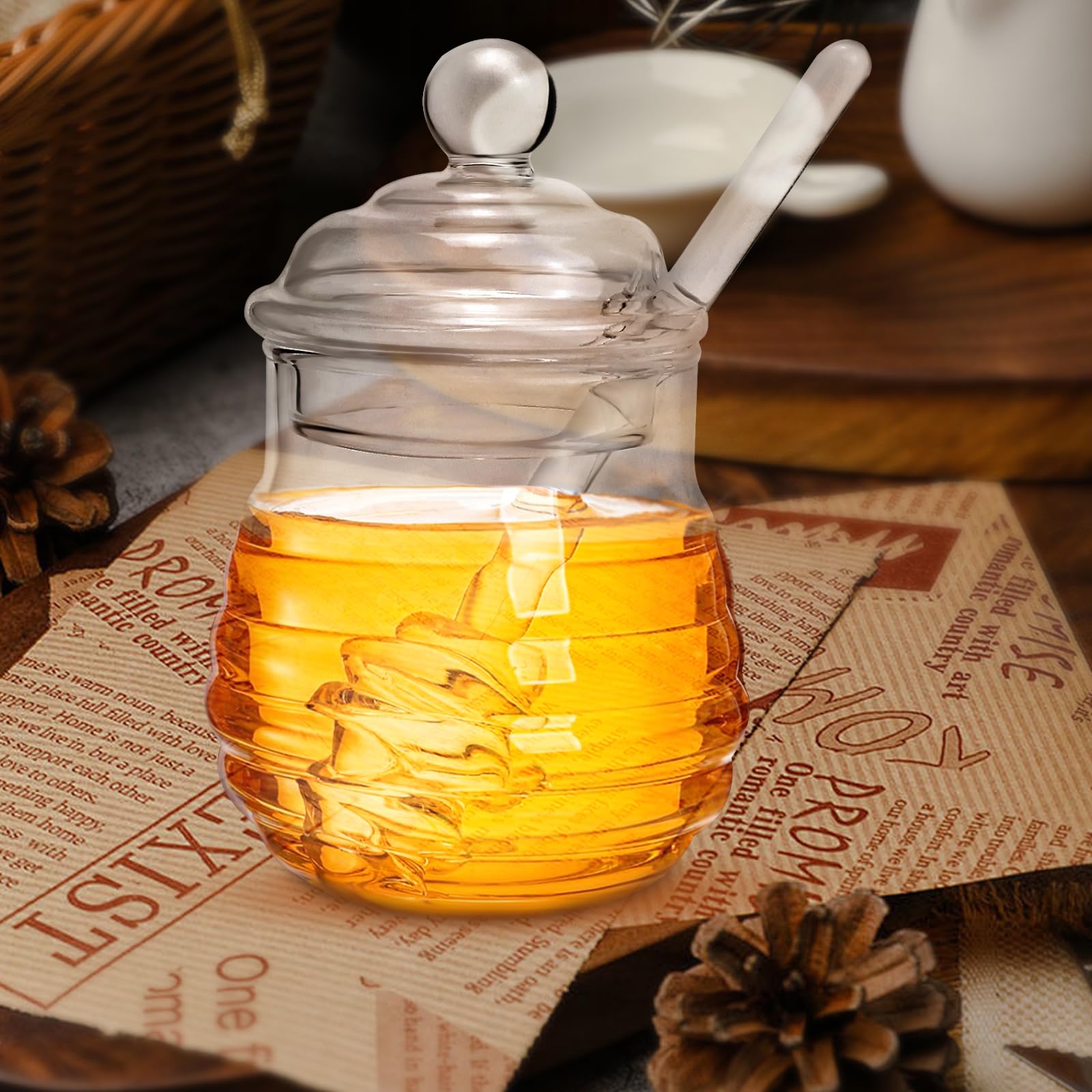 Dispensador de miel de 300 ml, tarro de miel con cuchara de miel, olla de miel sellada, tarro de miel de cristal para jarabe, colmena, almacenamiento de cocina