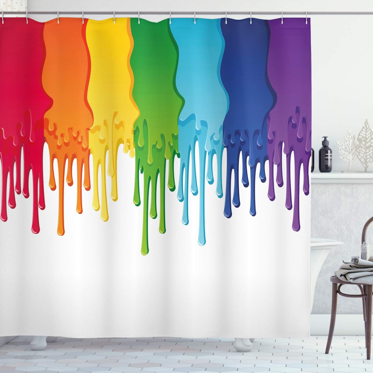 Ambesonne Abstract Shower Curtain, Rainbow Colored Paint Dripping Splattered Drops Creative Graphic Art Design, Cloth Fabric Bathroom Decor Set with Hooks, 69" W x 75" L, White Jade Green Sky Blue