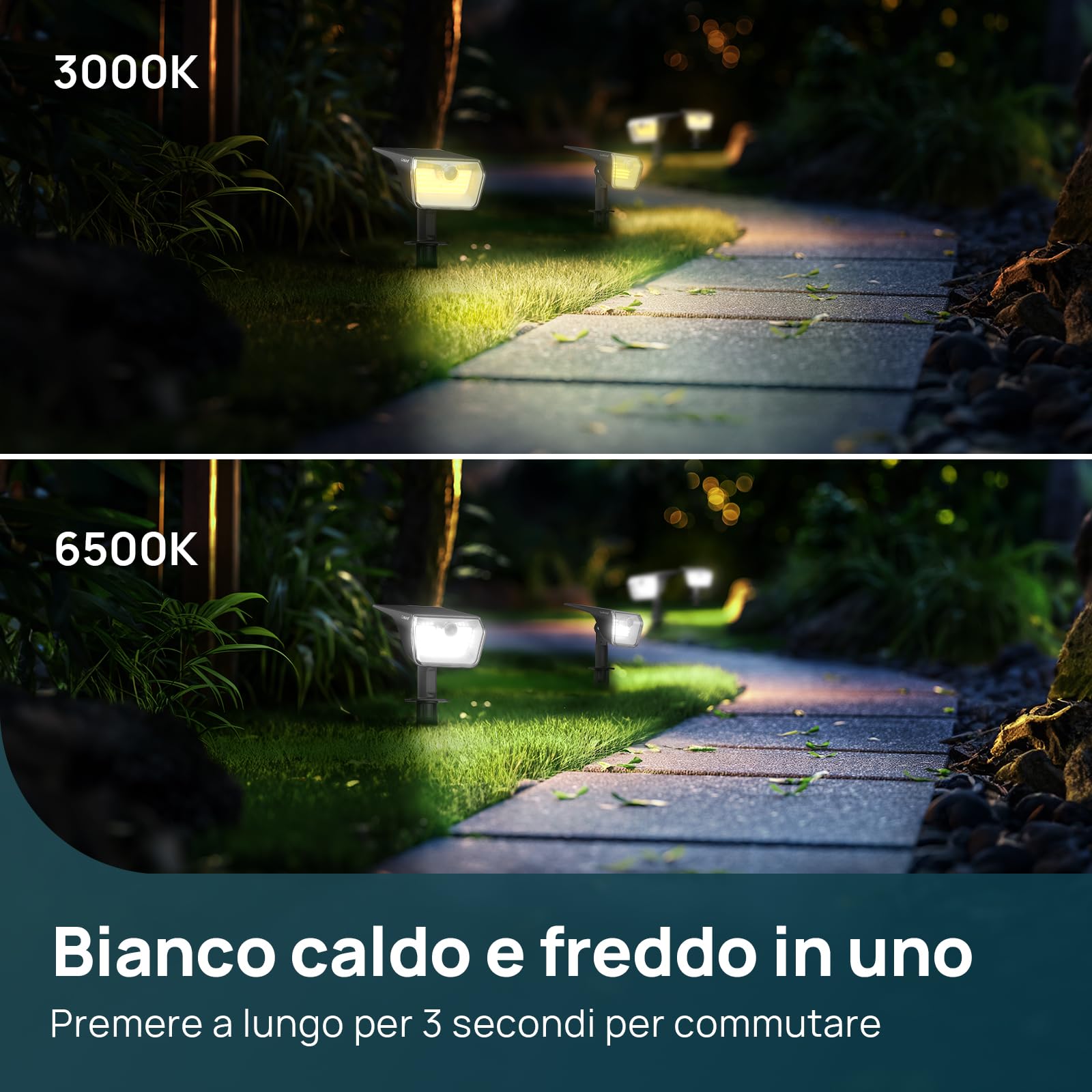 Linkind lampade solari 2 in 1 Luci Solari Esterno Giardino con Sensore di Movimento,3000K & 6500K, 60 LED faretti energia solare da esterni con indicatore di carica,impermeabili IP67,6 Pezzi