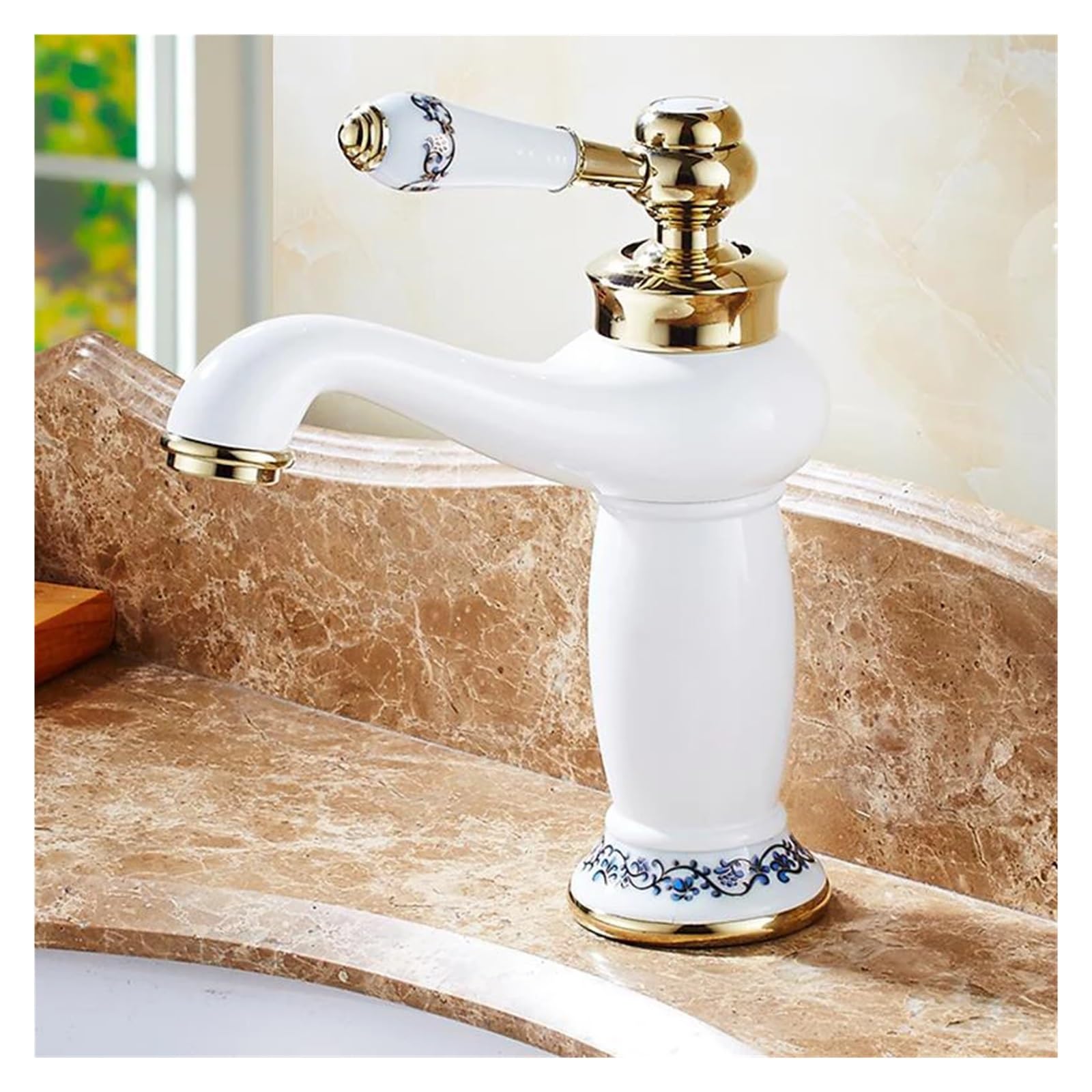 Rubinetto per lavabo da Bagno in Ottone con Maniglia in Ceramica Bianca, Miscelatore Singolo per Acqua Calda e Fredda, Moderno ed Elegante.