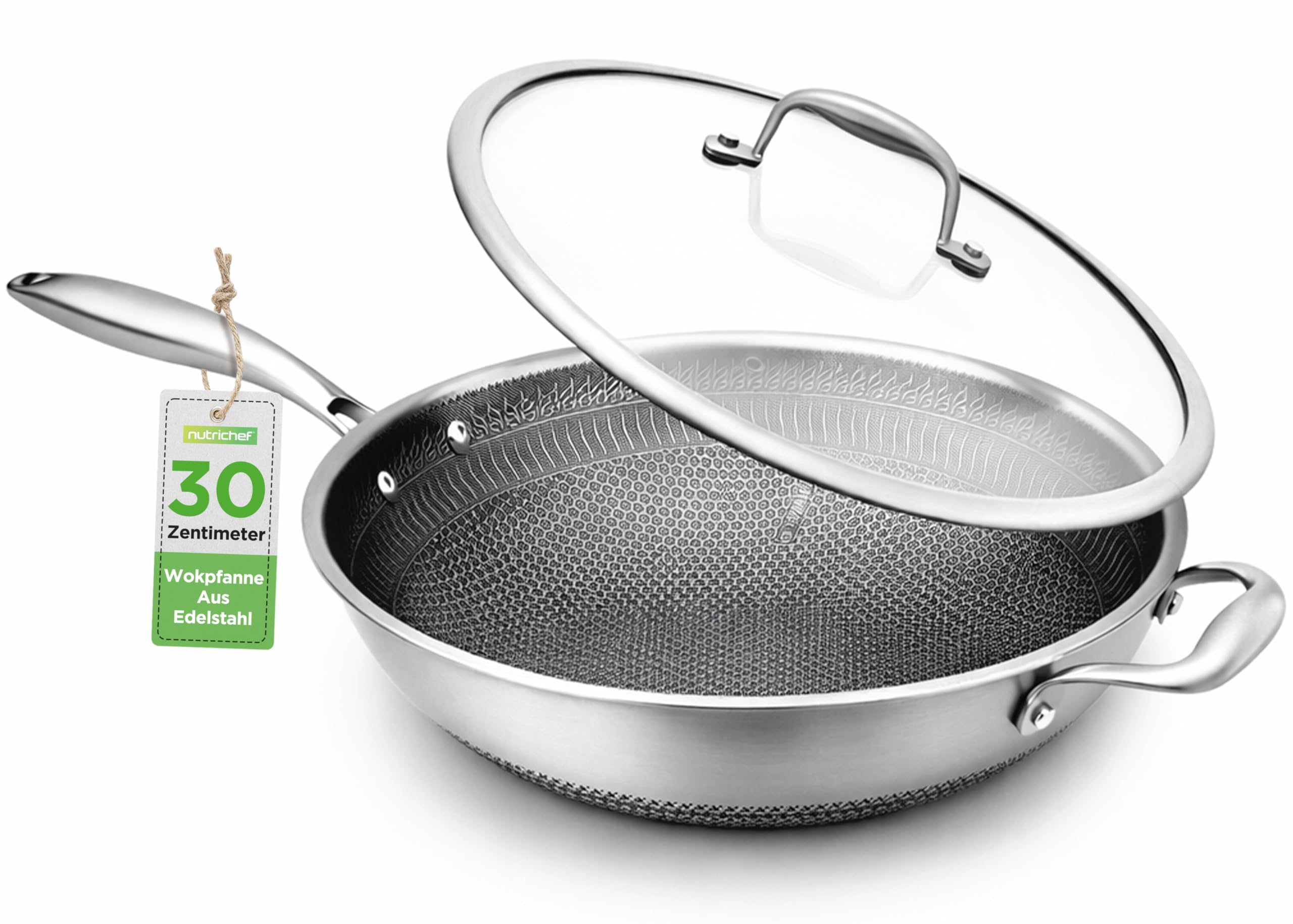 NutriChe Woklpfanne 31 cm mit Deckel – Antihaft pfanne Induktion Kratzfest spülmaschinengeeignet ofenfest und für Metallutensilien geeignet, Silver
