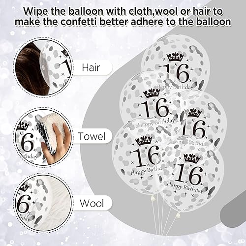 Miniatura 4 de Globos de 16 cumpleaños para decoración de niños, 15 unidades, color negro y plateado, para fiesta de feliz cumpleaños de 16 años, globos de confeti