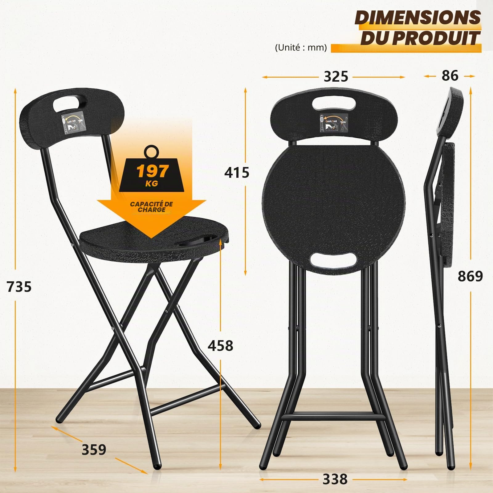 TVON Tabouret Pliant avec Dossier Portable pour Jardin, Camping, Pêche, BBQ et Bureau - Charge Maximale 204kg