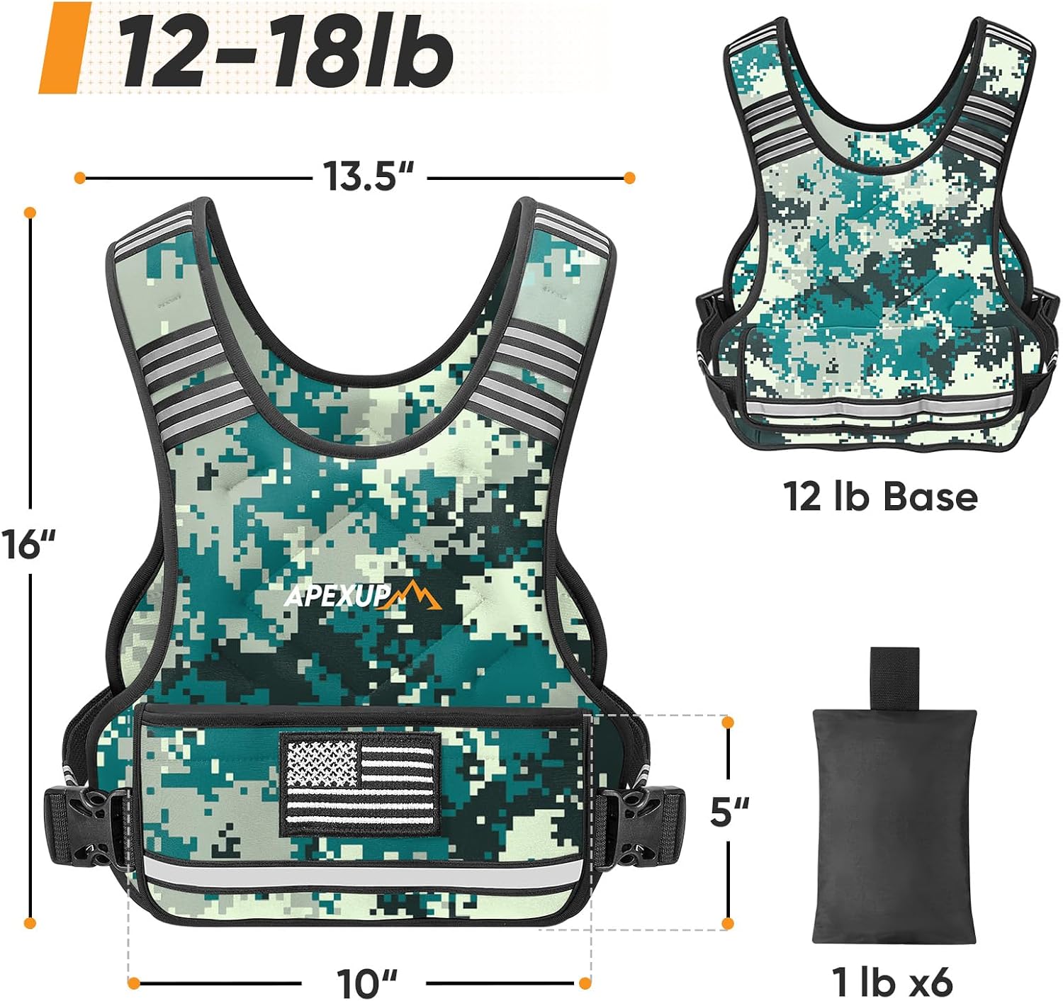 APEXUP Adjustable Weighted Vest, 4-10lb/12-18lb/20-32lb Vest with 6 Ironsand Weights and Large Pocket, Weight Vest for Men Women Strength Training, Running, Walking