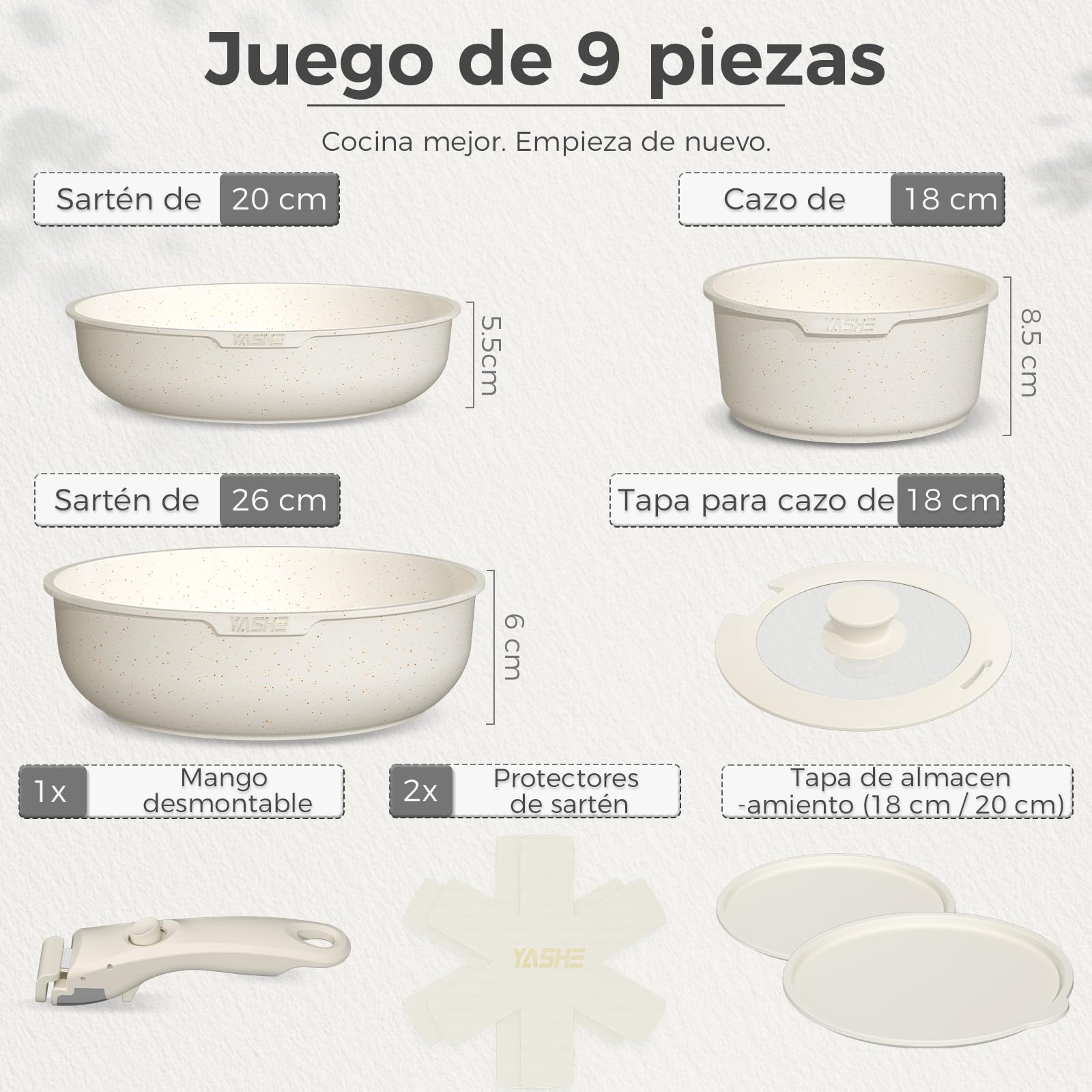 YASHE Juego de ollas y sartenes de 9 piezas, antiadherente, mango desmontable, apto para inducción y horno, diseño apilable, color blanco