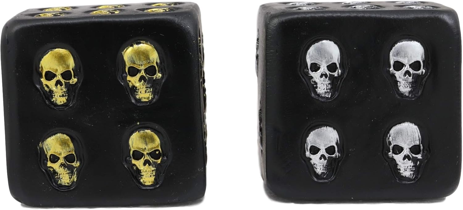 Ebros Oversized Large Decorative 2.25"High Cube Silver And Gold Skull Face Gaming Dice Set of 2 In Matte Black Finish As Ossuary Macabre Spooky Halloween Decor Sculpture Of Graveyard Skulls Skeletons