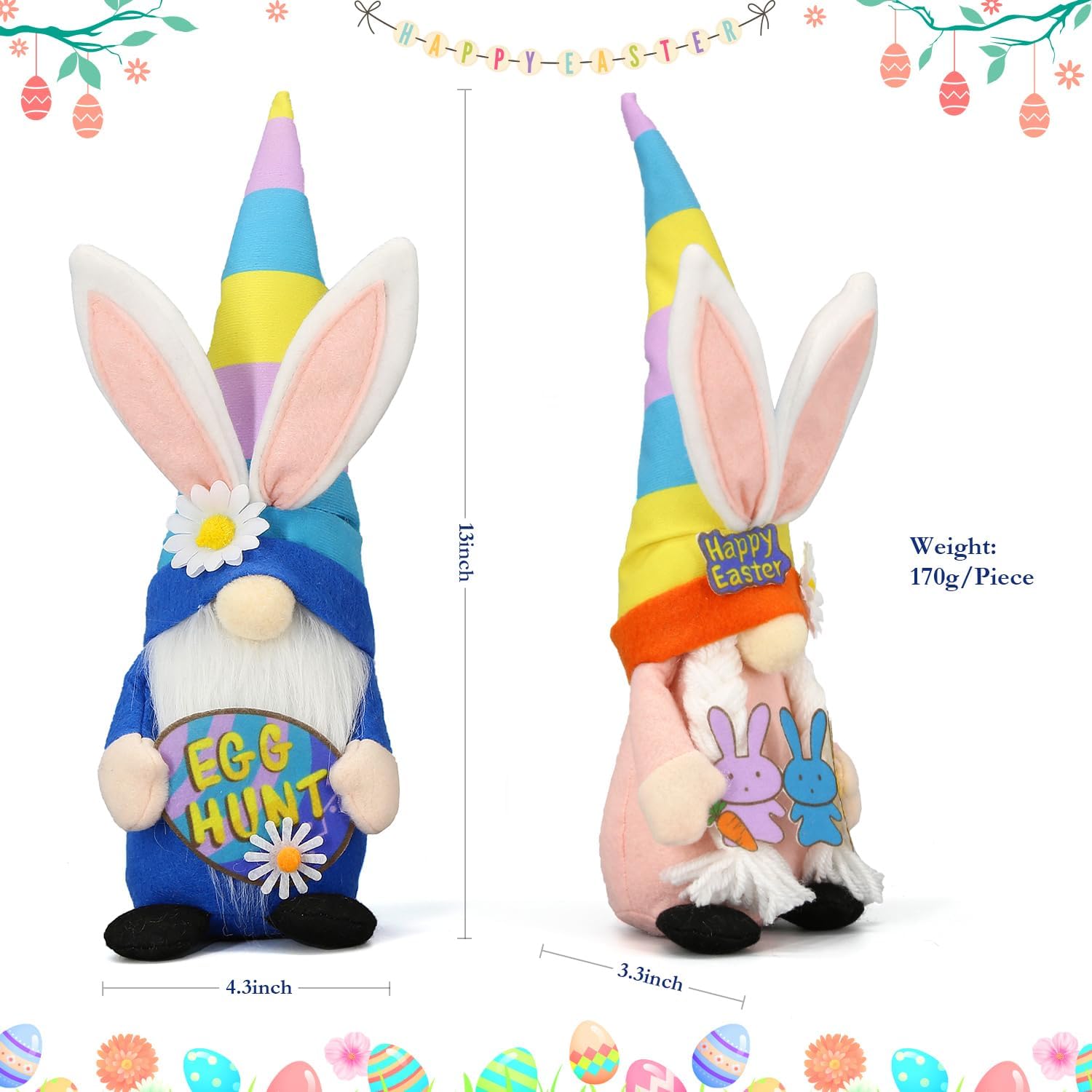 Lovinland Easter Decorations - Bunny Gnomes Decor for Home, Indoor, Tiered Tray, Office, Desk - Spring Rabbit Stuffed Centerpiece Table - Easter Basket Stuffers Essentials for Women - Gnome Gifts - Image 2