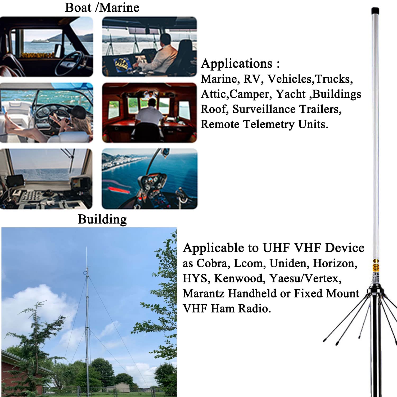 SignalPlus Antena de estación base marina VHF/UHF 136-174 MHz 400-470 MHz para Horizon Icom Cobra Midland Yaesu Kenwood Radio y sistema de walkie Talkie