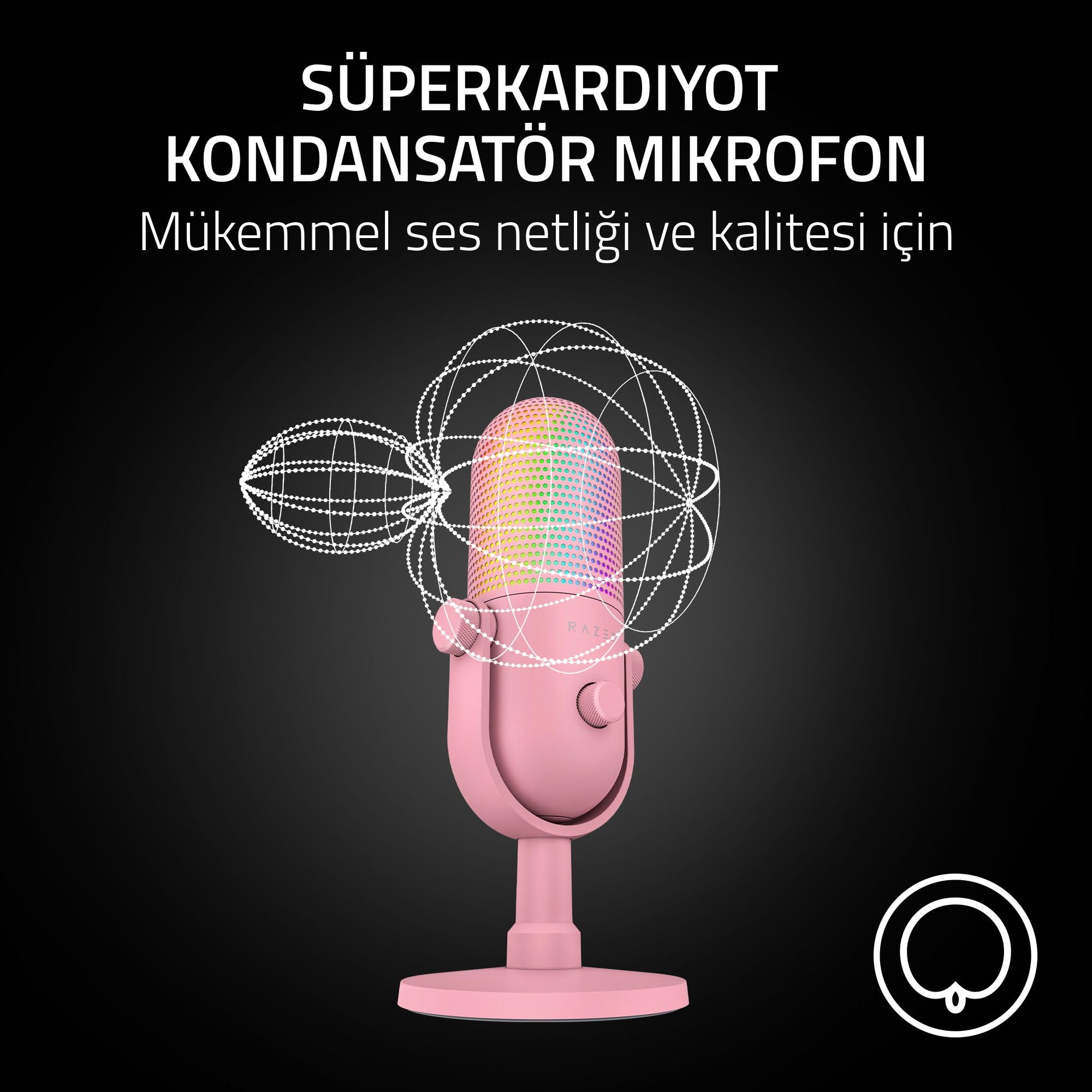 Razer Seiren V3 Chroma - RGB USB Mikrofon - Tap-to-Mute özellikli Süperkardioid Kondenser Mikrofon (Reaktif Aydınlatma, Dijital Kazanç Sınırlayıcı ve Entegre Şok Emici) Quartz