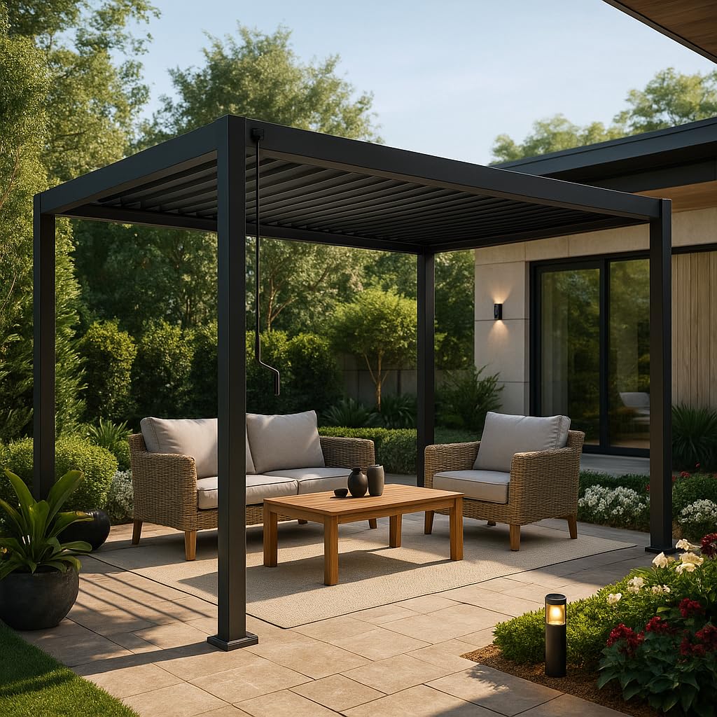 Pergola Bioclimatica Luxury con struttura in alluminio Antracite, tetto lamellare orientabile, da giardino e veranda (3 x 6 mt)