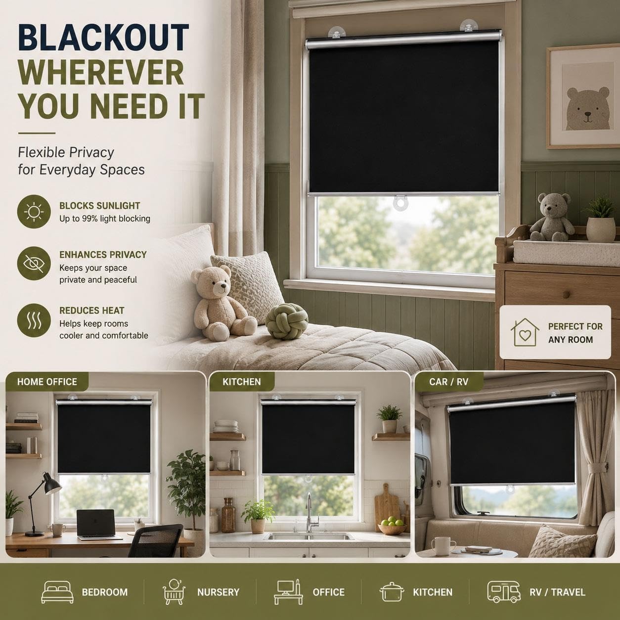 Store Enrouleur Occultant à Ventouses pour Fenêtres, Store Rétractable à Tirer sans Perçage, Protection Solaire et Intimité pour Chambre, Bureau, Cuisine, Camping-Car(W 65 x 160 cm)