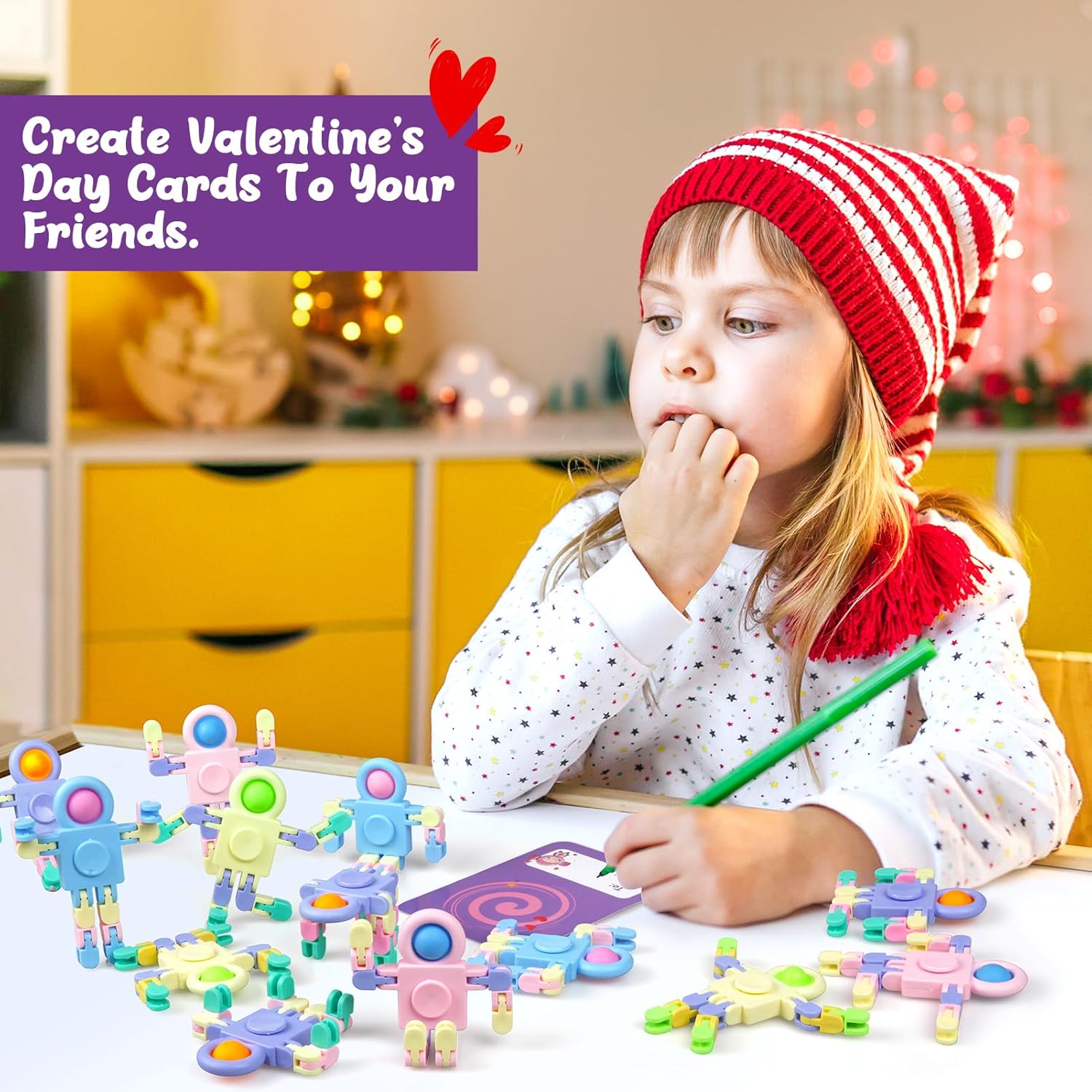Feltom 28 PCS Chain Press Vent Spaceman - Valentines Cards for Kids Wacky Track Finger Fidget Sensory Stress Relief Toy - Valentine Exchange Prizes for Girls Boys School