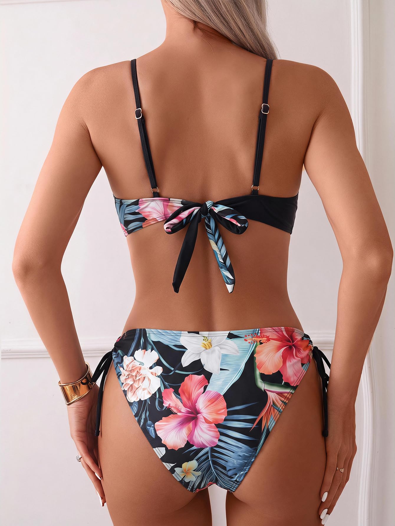 GORGLITTER Conjunto de bikini push up para mujer, traje de baño de dos piezas, ropa de playa tropical, conjunto de traje de baño de verano de 2 piezas con patrón