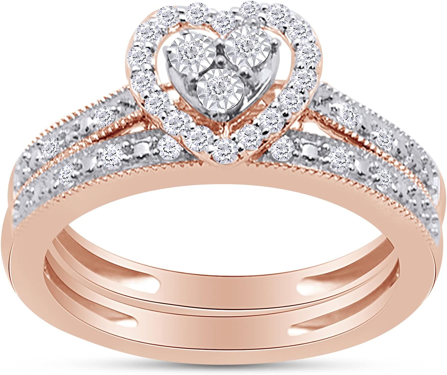 AFFY 1/4 Carat Miracle Set Round White Natural Diamond Heart Promise Engagement Bridal Set Ring For Women In 14K Gold Over Sterling Silver (Clarity I2-I3, Color : I-J, 0.25 Cttw)