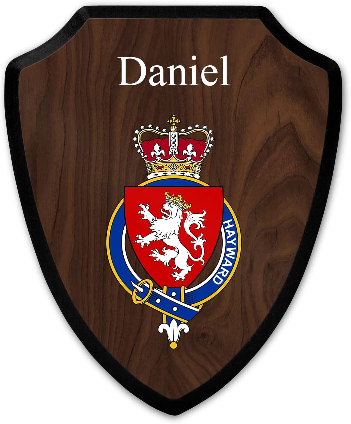 HARD EDGE DESIGN Family Coat of Arms Heritage Shield Plaque, English Garter Family Hayward, Personalized Customizable Text or Name with Dark Wood Background
