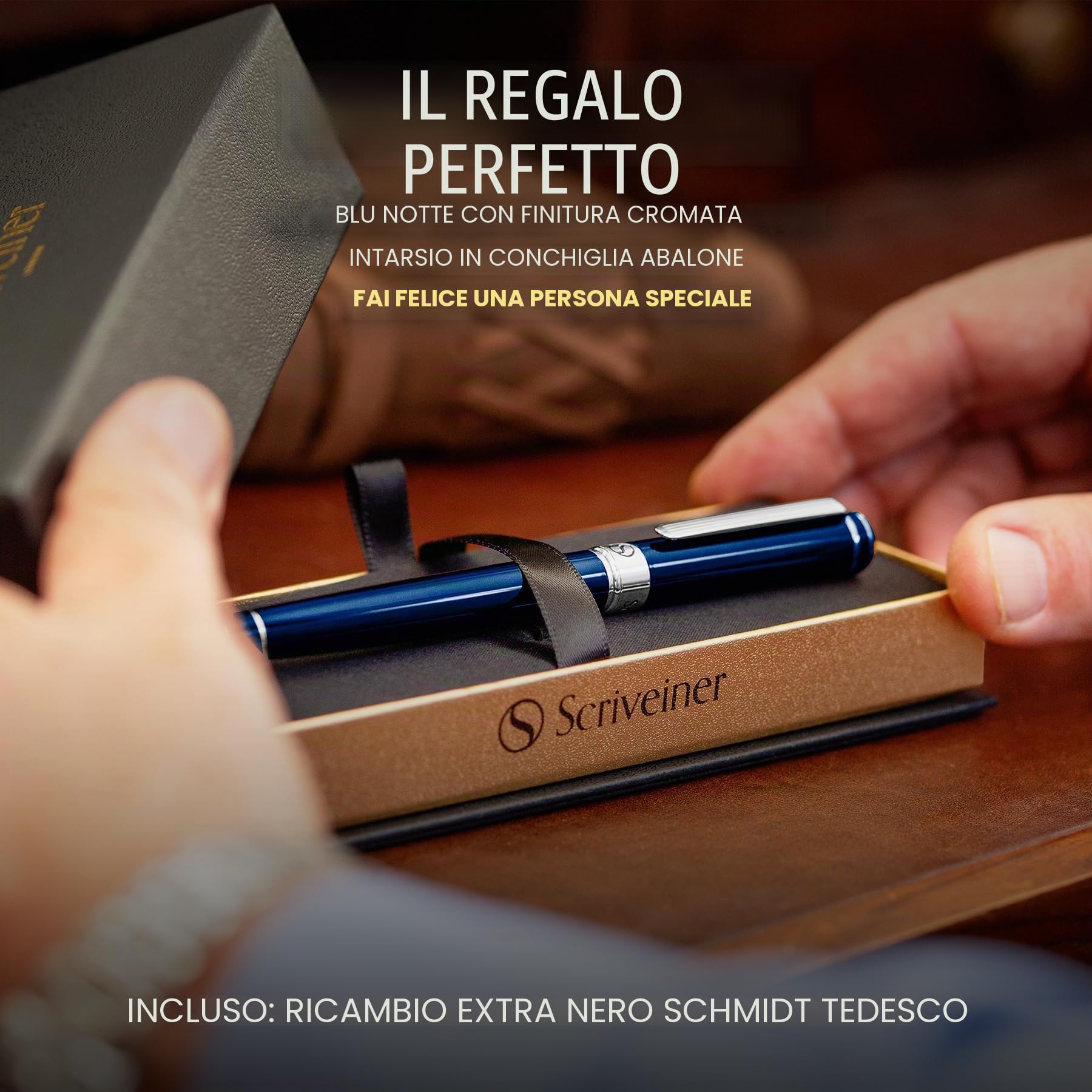 Scriveiner Midnight Blue Rollerball Pen, Laccata Blu Notte, Decori Cromati, Refill
