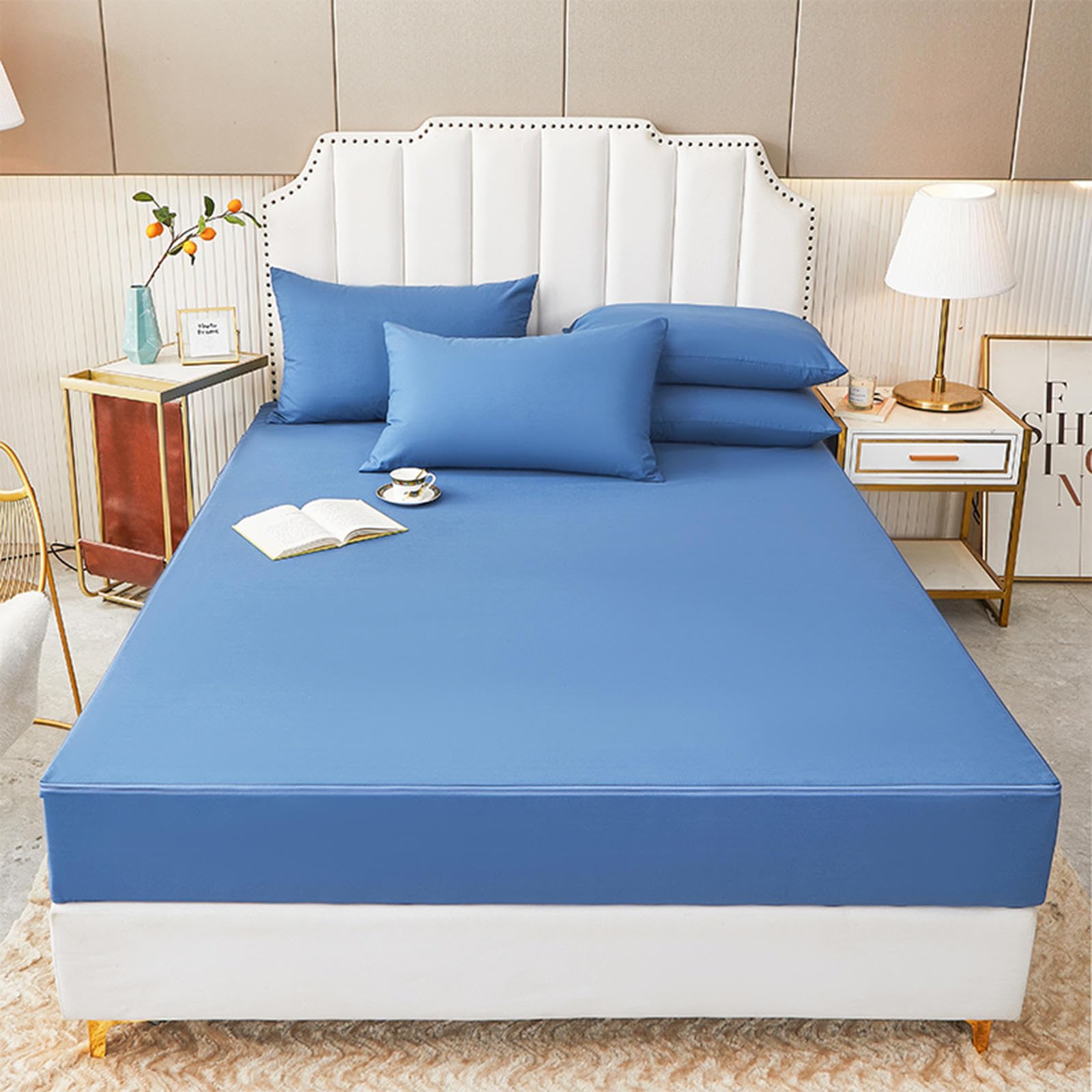 Sábana Ajustable con Cremallera, Protector de colchón, Impermeable, Transpirable, Antipolvo, Lavable, Funda de protección Total, Azul A-120 x 190 + 25 cm
