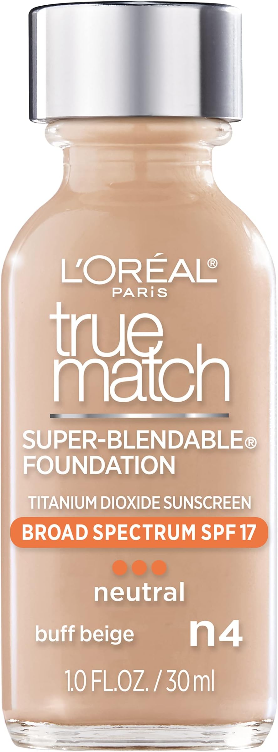 LโOrรฉal Paris Makeup True Match Super-Blendable Liquid Foundation, Buff Beige N4, 1 Fl Oz,1 Count