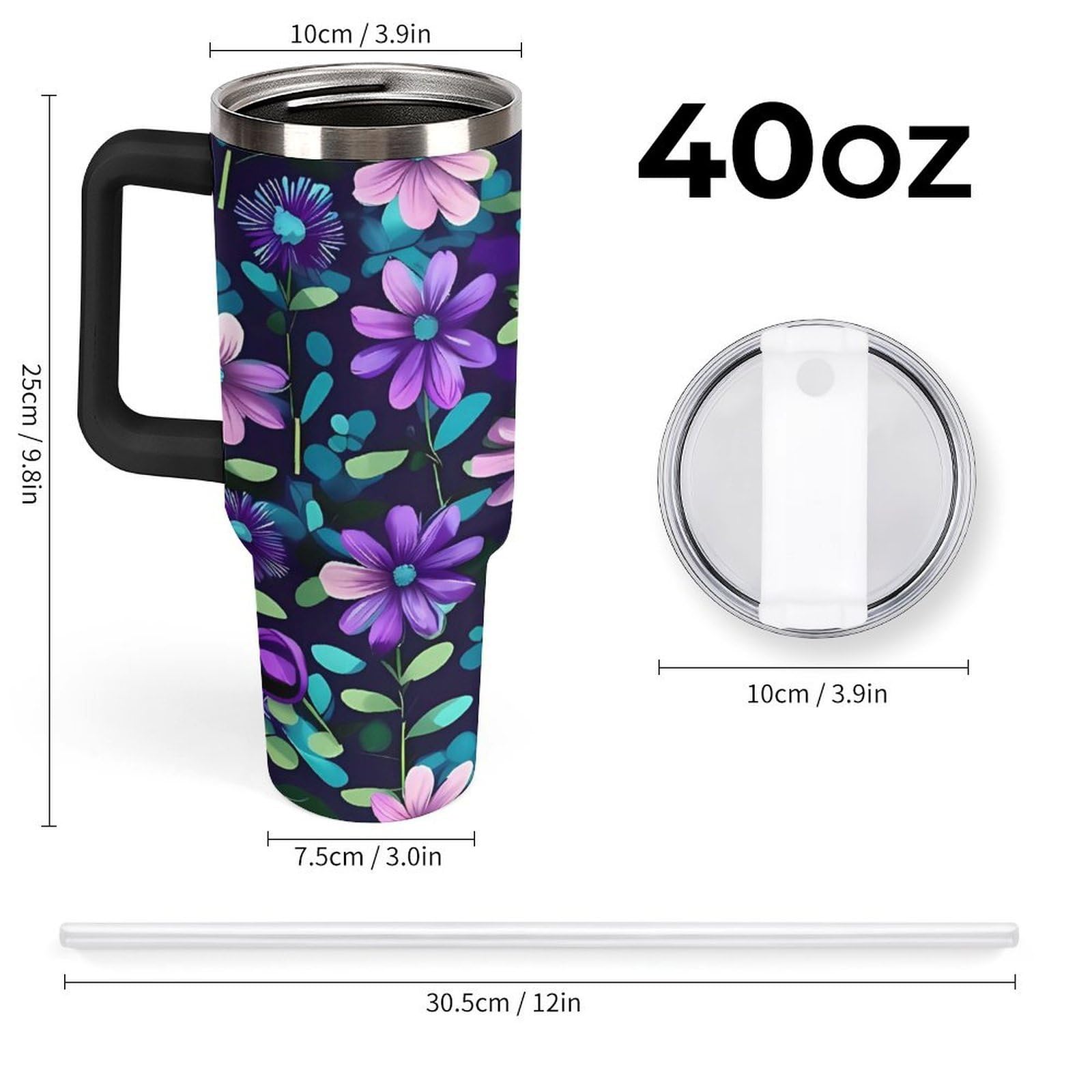 Tazas de camelia morada con popote y asa, taza de café con aislamiento al vacío de doble pared, botellas de agua para café helado, té, bebida caliente y fría