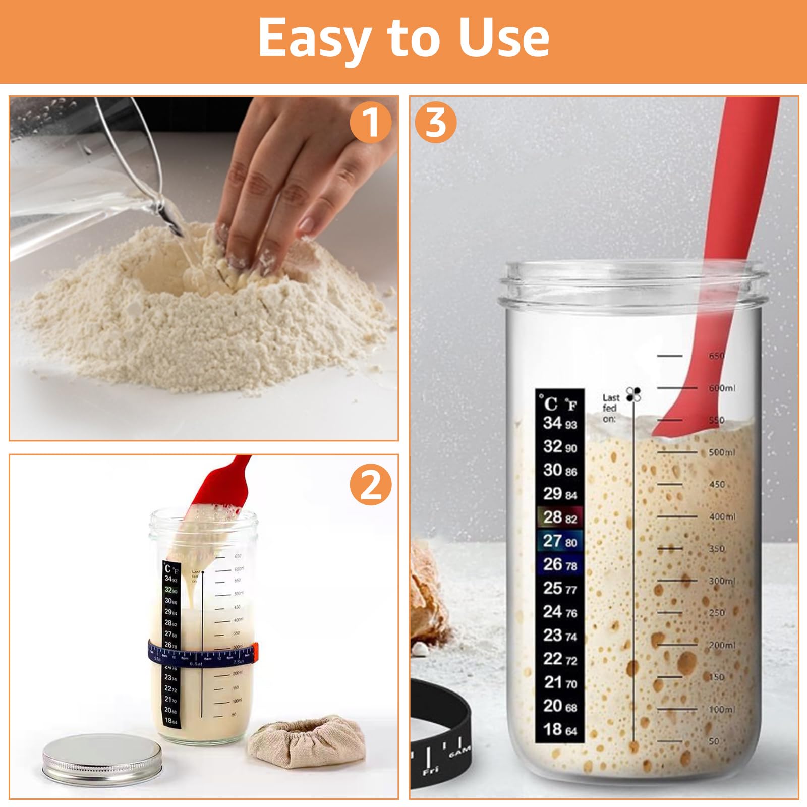 WOPPLXY 2 Pièces Kit Levain, 730 ML Bocal de Démarrage pour Levain, Kit de Démarrage au Levains avec Ruban d'alimentation Datte, Thermomètre, Couvercle, Spatule en Silicone