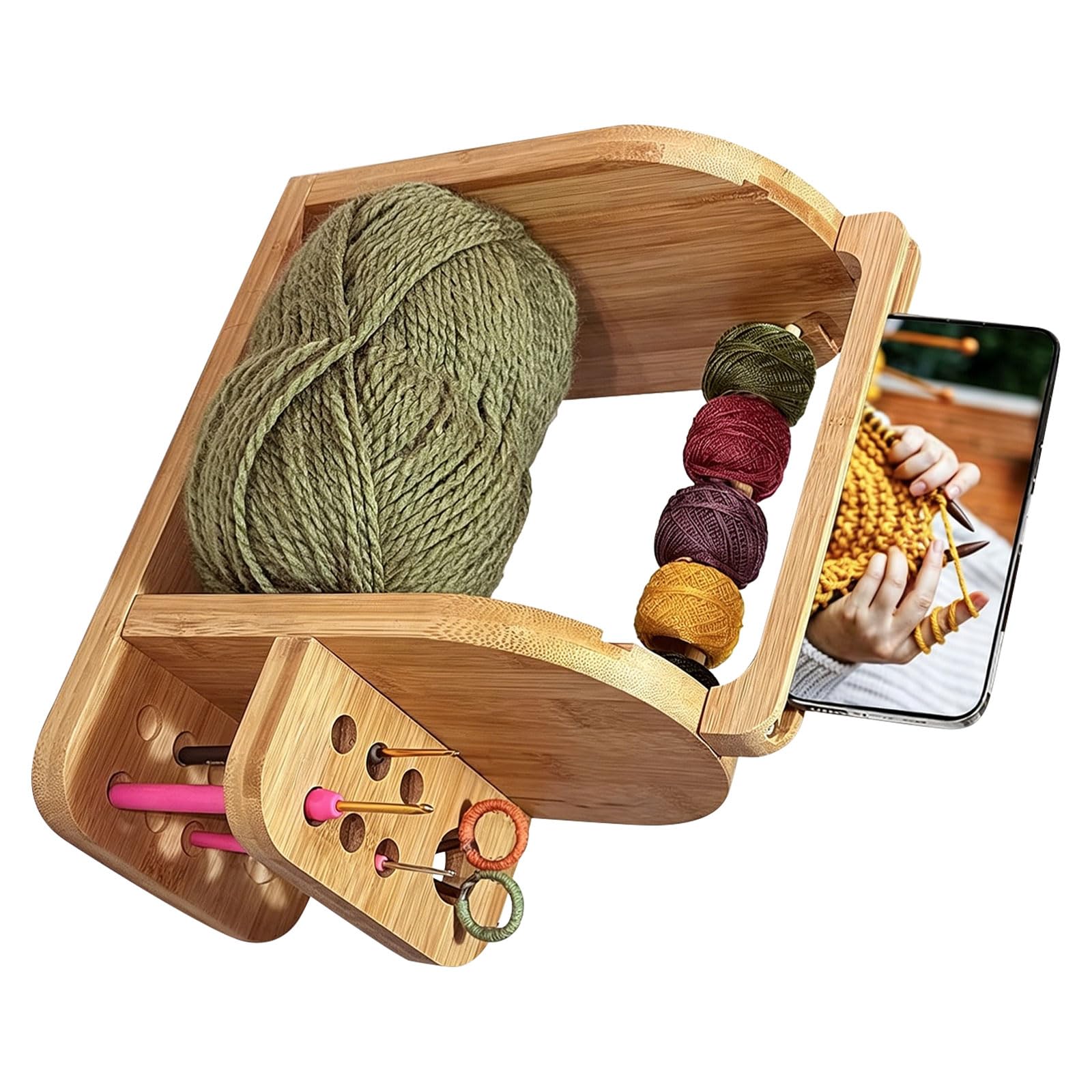 Natural Wood Thread Spool Stand Featuring Smartphone Mount and Needle Compartment for Crochet Knitting Supplies Planner Stitching Equipment Storage Box Portable Thread Cart Knitters Craft Station