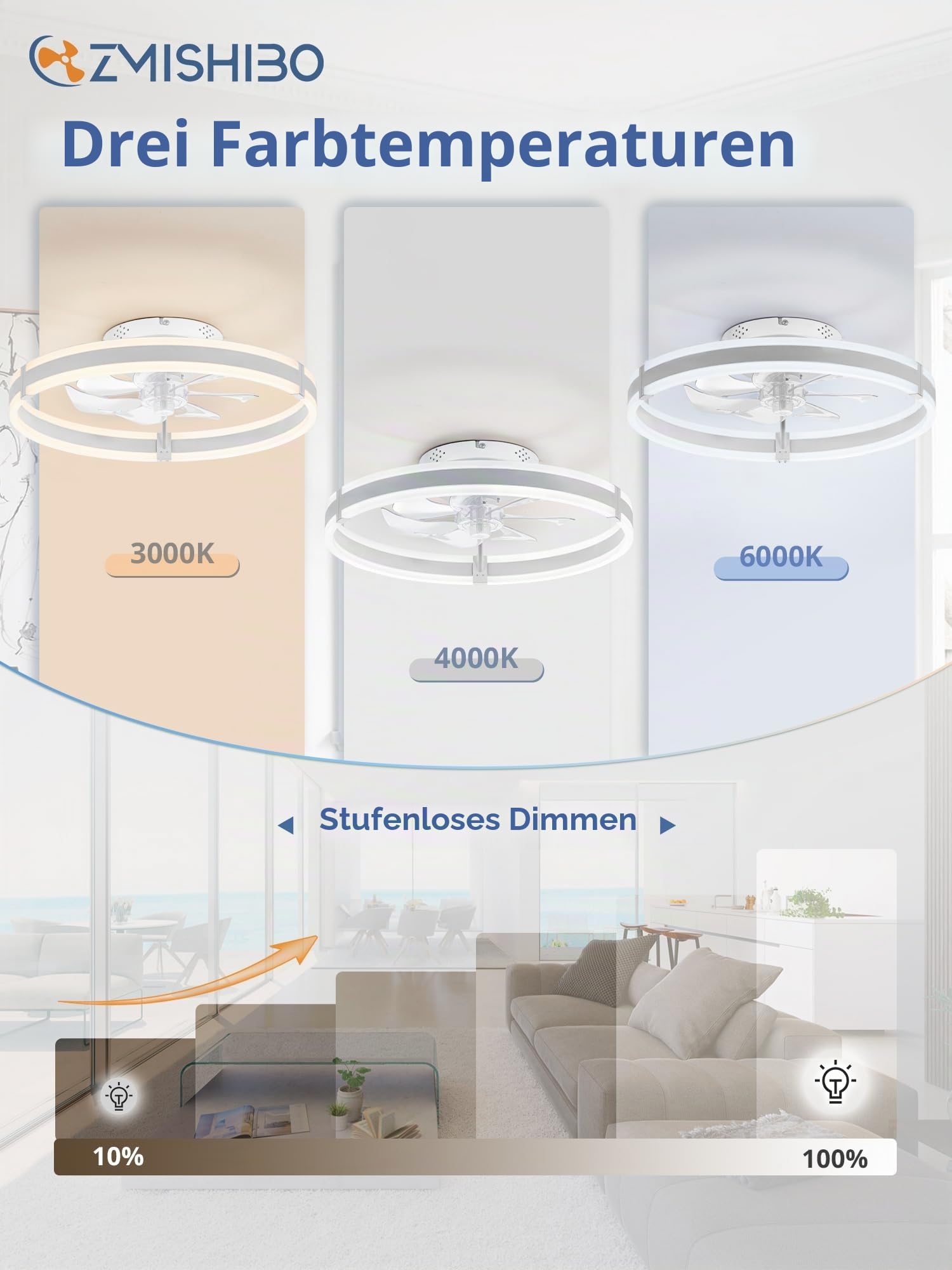 ZMISHIBO Deckenventilator mit Beleuchtung & Fernbedienung Ø50cm, 6 Geschwindigkeiten, Timer, Leise LED Lampe mit Ventilator, Weißer Fandelier für Schlafzimmer & Wohnzimmer