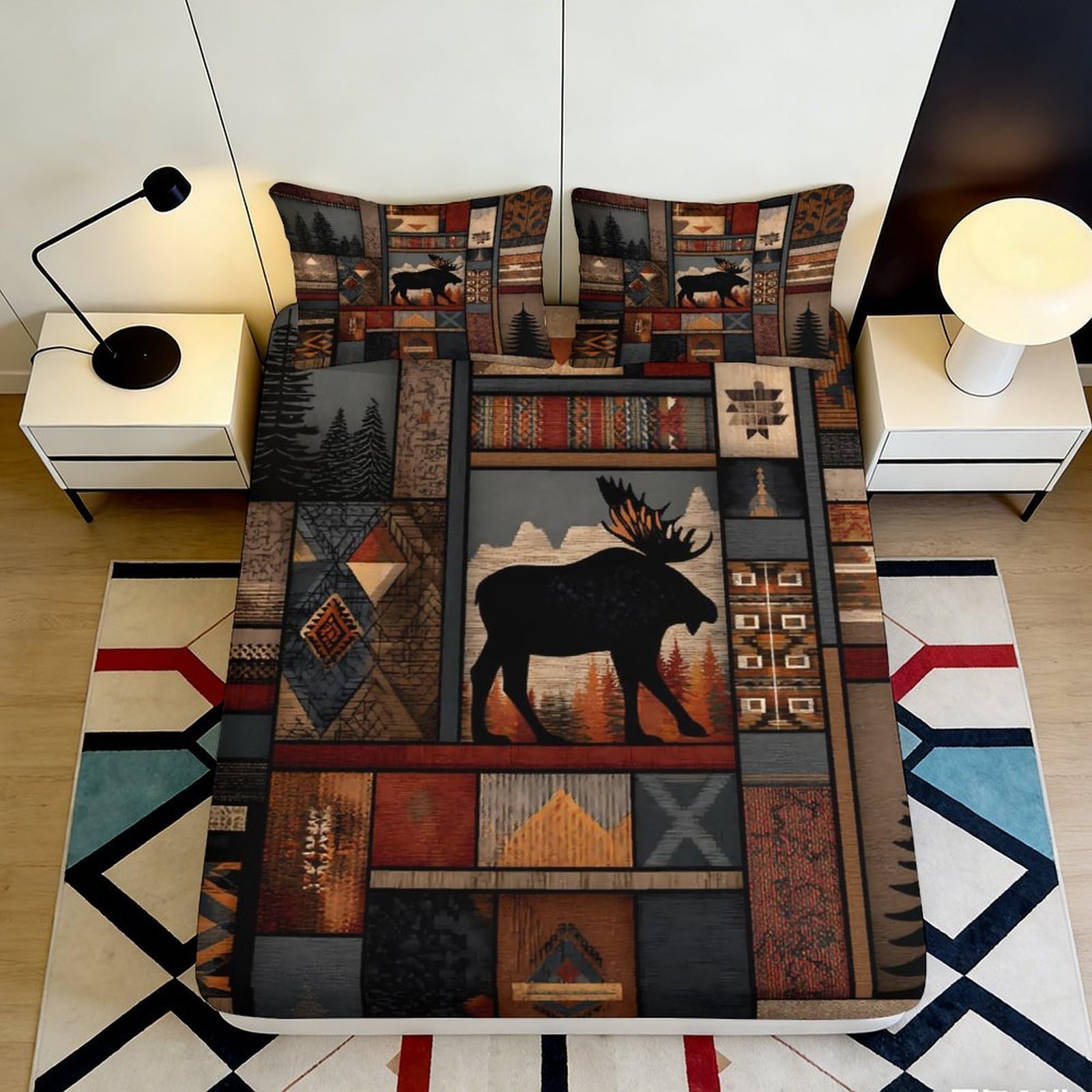 3D Printed Moose Forest Fitted Sheet Microfiber Soft Decorative Lodge Patchwork Mattress Cover for Bedroom Guest Room 90x200x25cm