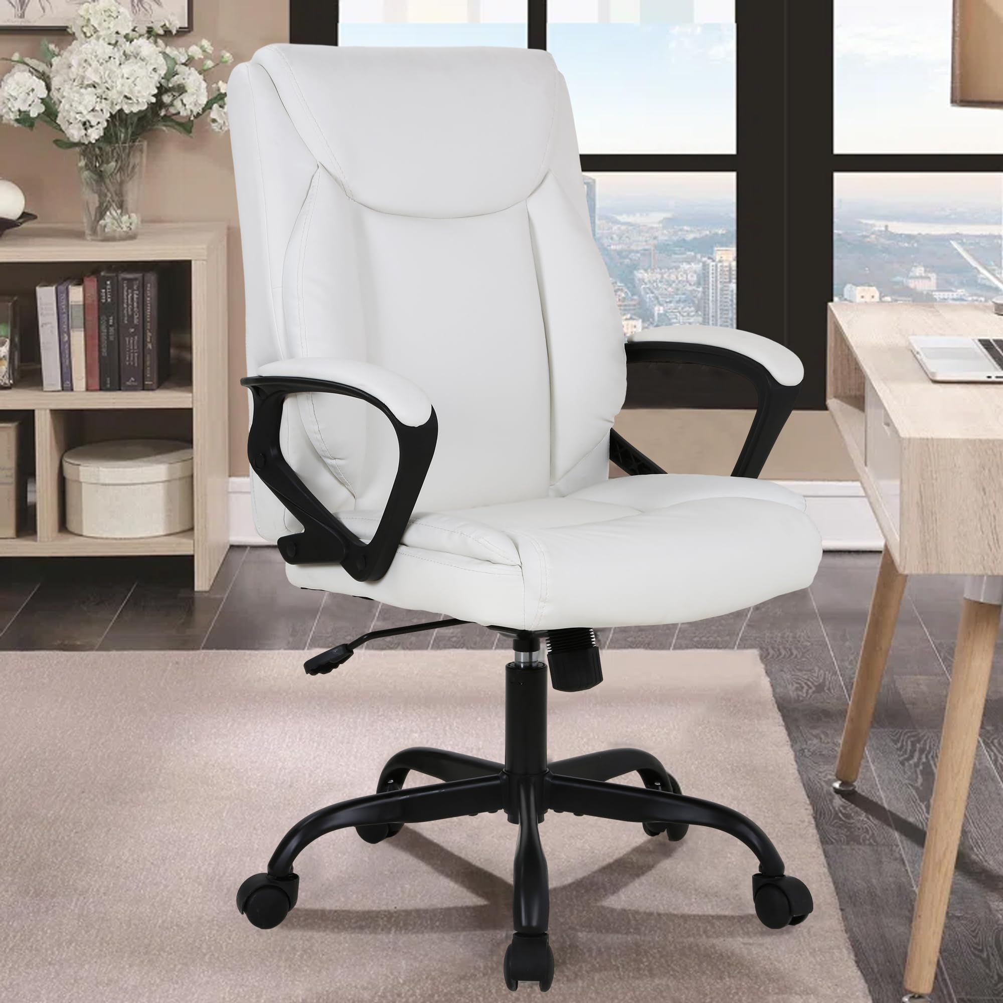 Pu Leather Desk Chairs with Wheels and Arms, Executive Desk Chairs with High-Back Cushion, Ergonomic Office Chair Lumbar Support Comfy Office Chairs for Heavy People, Swivel Chair for Desk