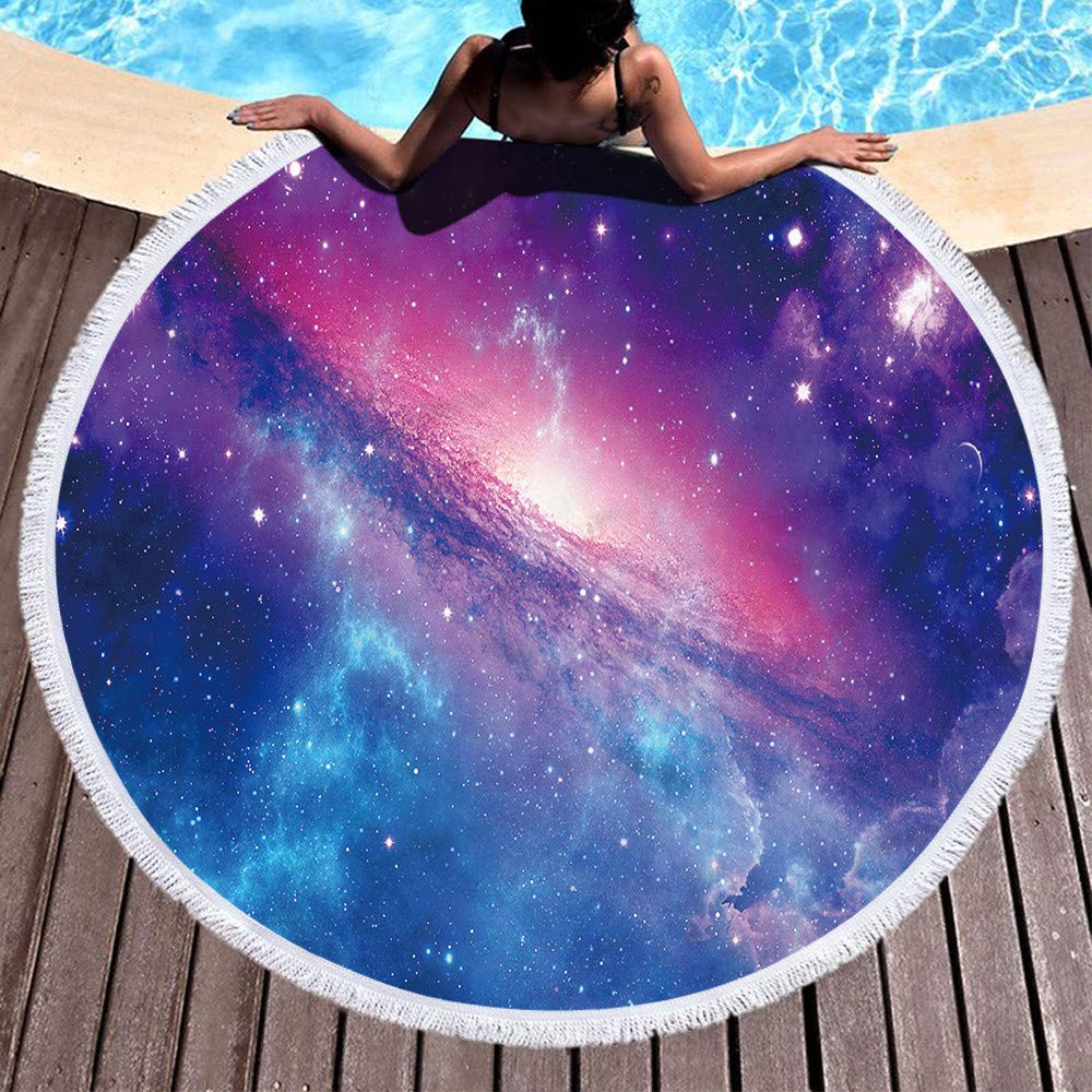 IcosaMroRound Beach Towel Colorful Space Microfiber Beach Blanket Rainbow Tie Dye Soft Large Roundie Lightweight Beach Towel for Kids Women Men Boy Girl, 59 Inches