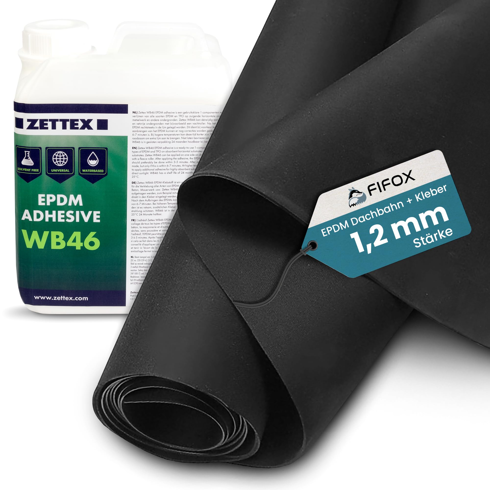 Set EPDM Dachfolie 1,2 mm mit Zettex WB46 Kleber (2 L) - 3,05 x 3,00m EPDM Folie plus wasserbasierter EPDM Folienkleber - Lösungsmittelfrei, UV-beständig & langlebig für Dachabdichtungen